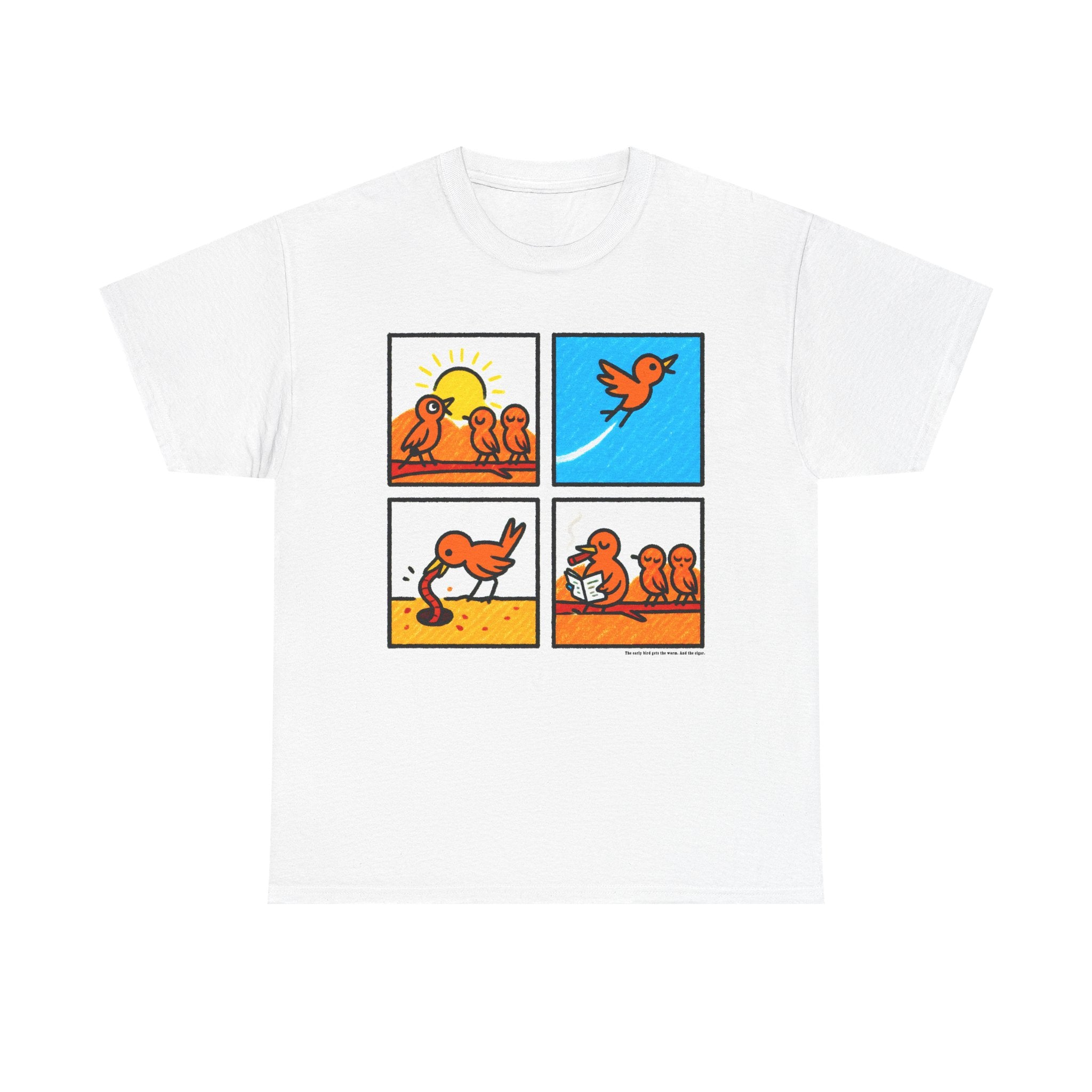Proverb - Early bird GETS IT ALL, plus Cigar, Sunshine Birds Unisex Heavy Cotton Tee, Graphic Tee, Casual Wear, Gift for Bird Lovers, Funny T-Shirt, Nature Inspired Clothing