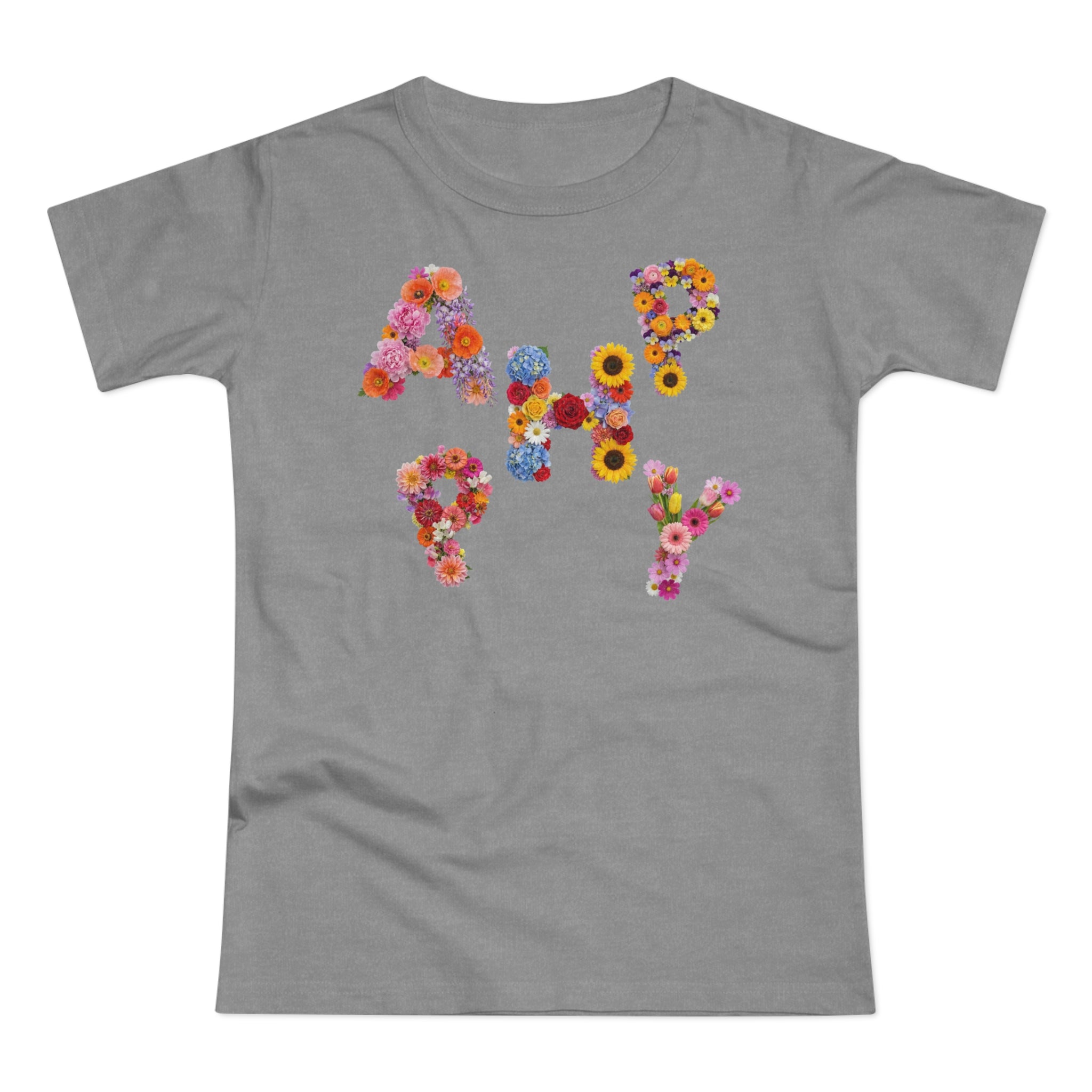 HAPPY, Frontprint, Womens' T-Shirt,  Floral Colorful Flower Lettering Tee