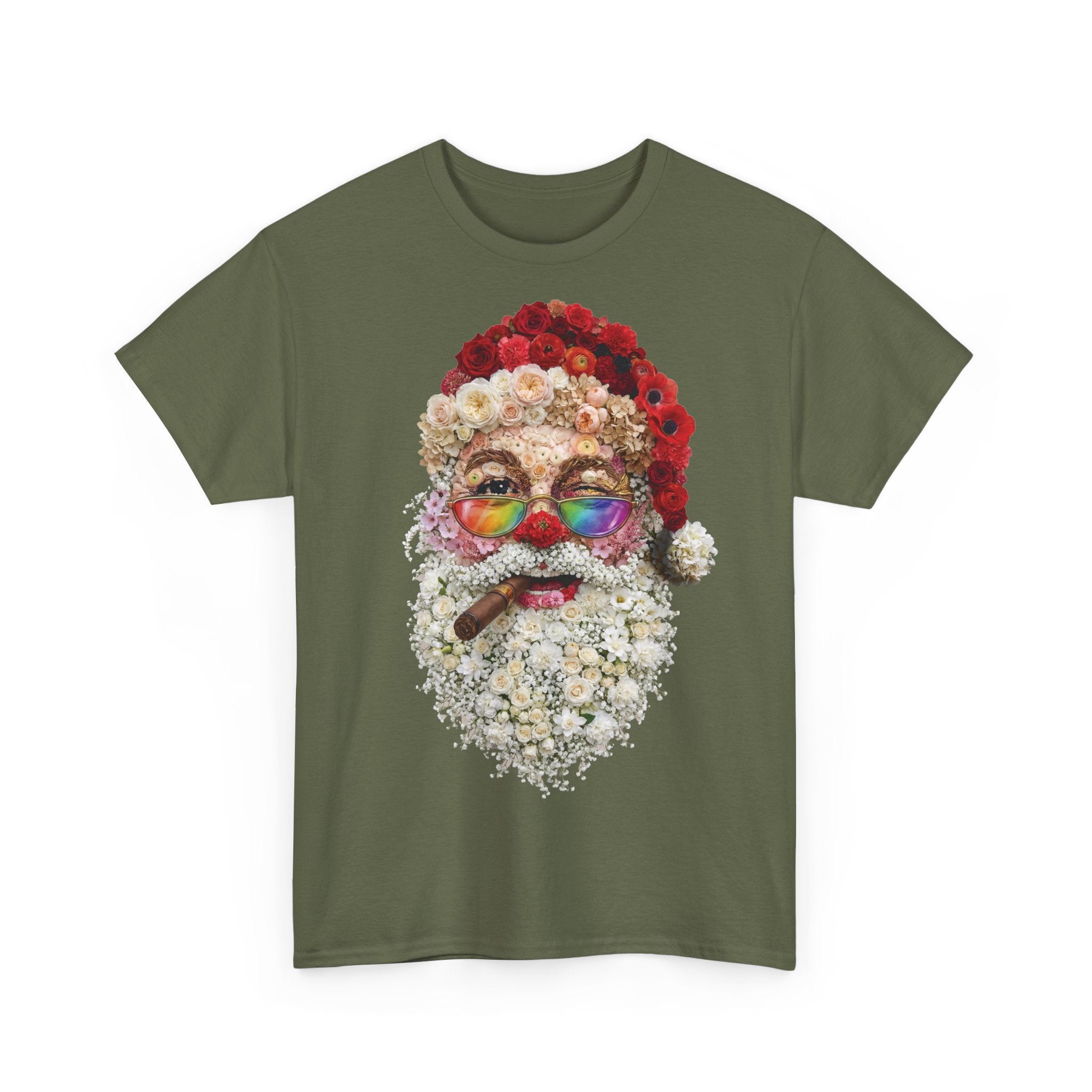Blumen-Santa: Frontprint, Unisex T-Shirt, Floral Colorful Retro Santa with Cigar Weihnachten