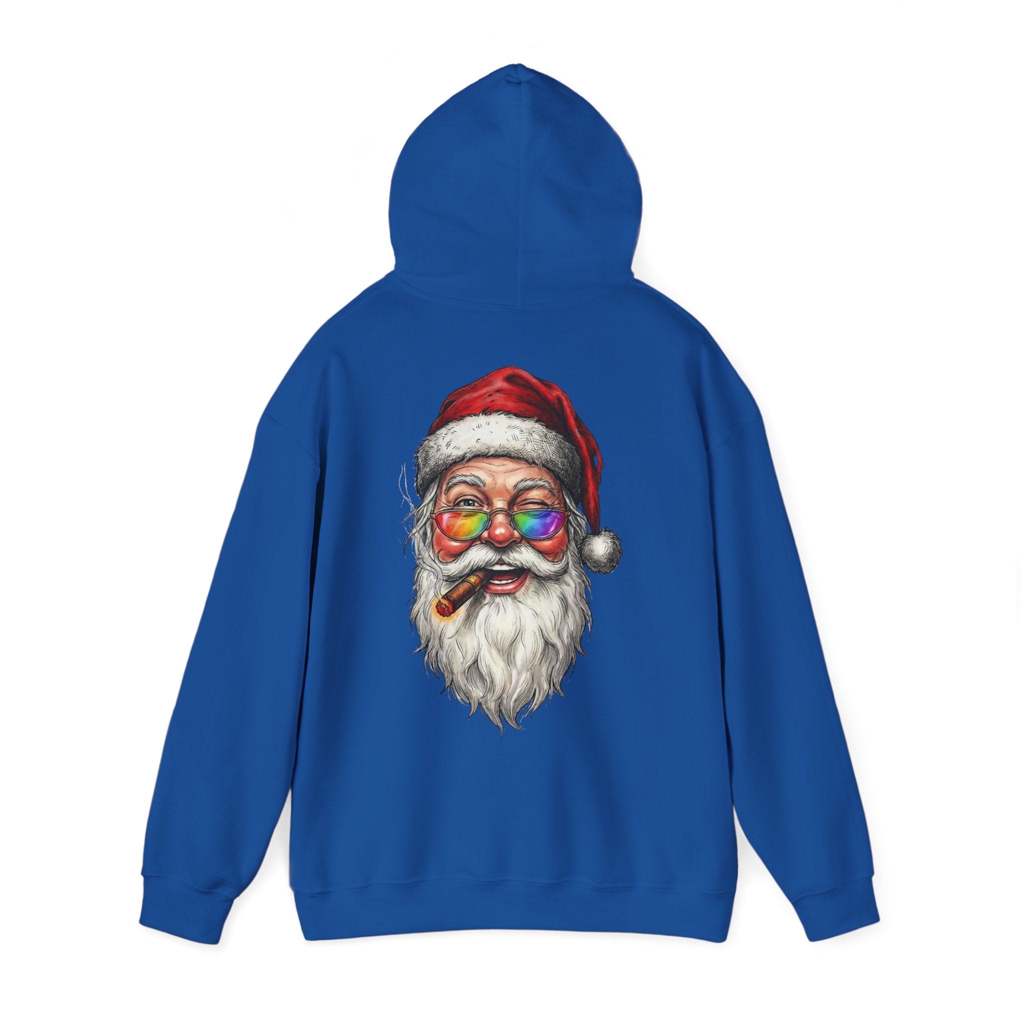 Friendly-Santa: Backprint, Unisex Hoodie, Rainbow Glasses Hoodie – Colorful Retro Christmas Sweatshirt