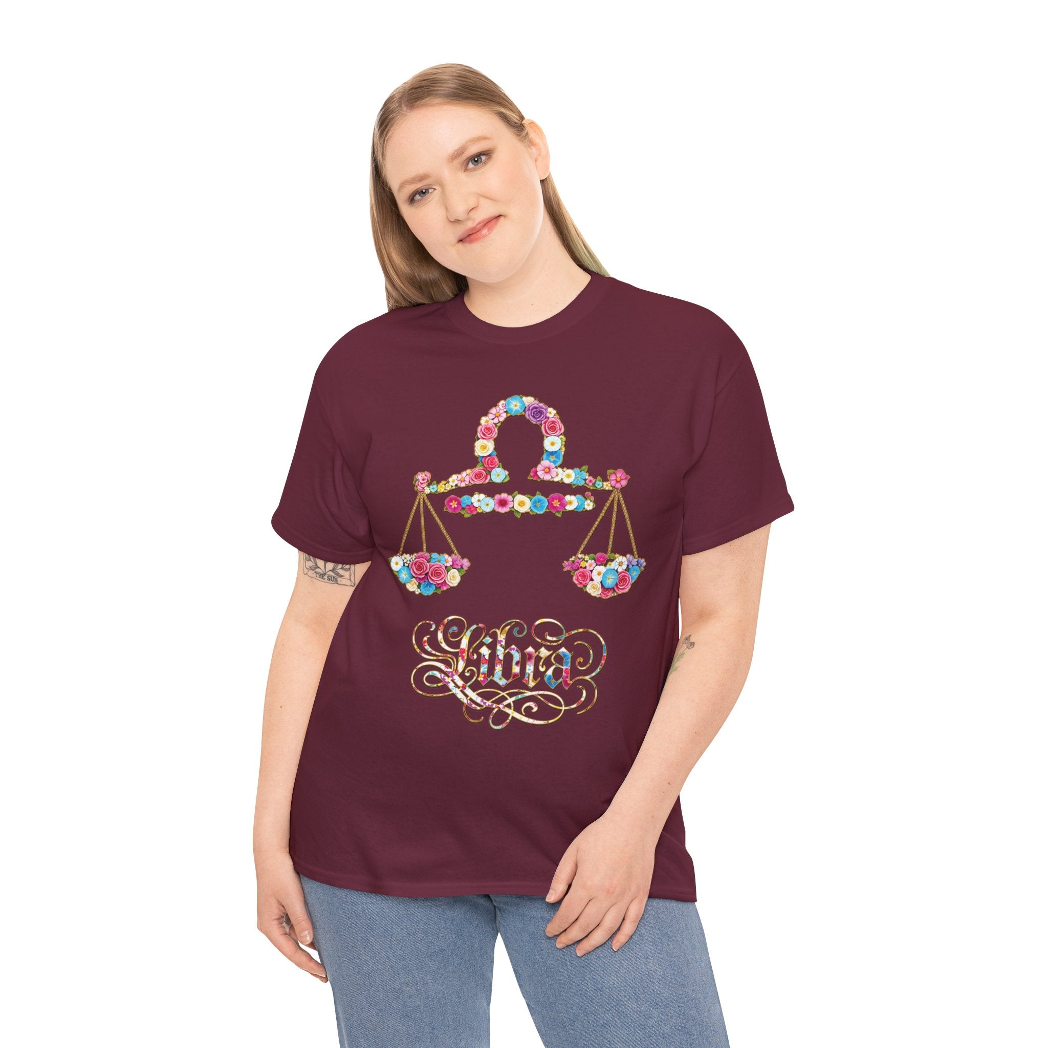 Libra Floral Zodiac Tee - Unisex Heavy Cotton Shirt, Astrology Gift, Horoscope T-Shirt, Birthday Present, Libra Season Apparel