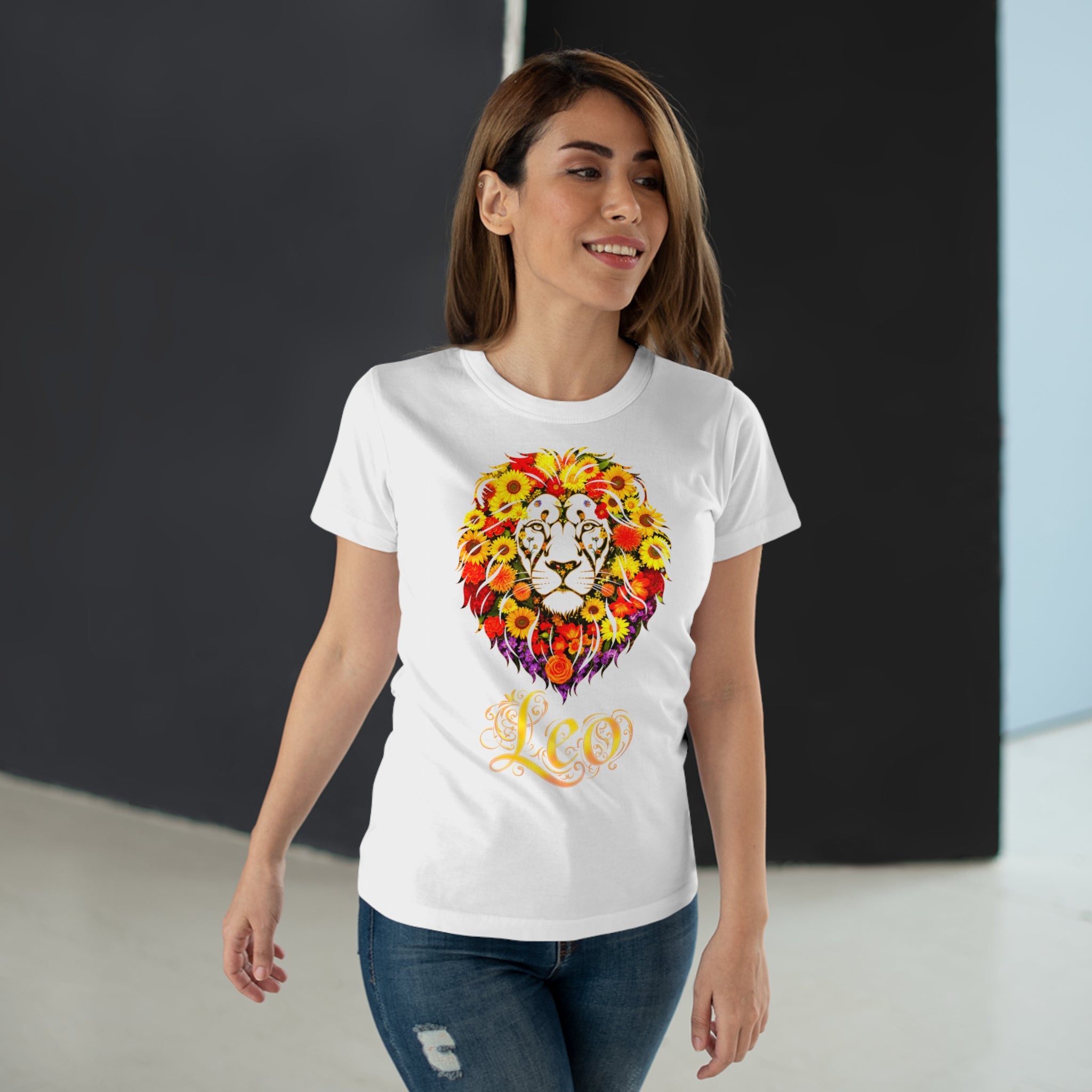 Löwe: Frontprint, Womens' T-Shirt, florales Sternzeichen, Zodiac Astrologie (Leo)