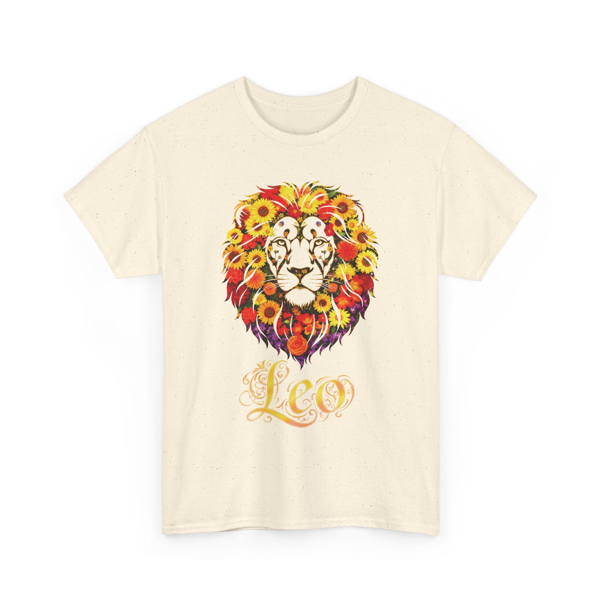Leo Floral Zodiac Shirt, Unisex Heavy Cotton T-Shirt, Nature Lover Gift, Artistic Apparel, Animal Lover Shirt, Casual Wear
