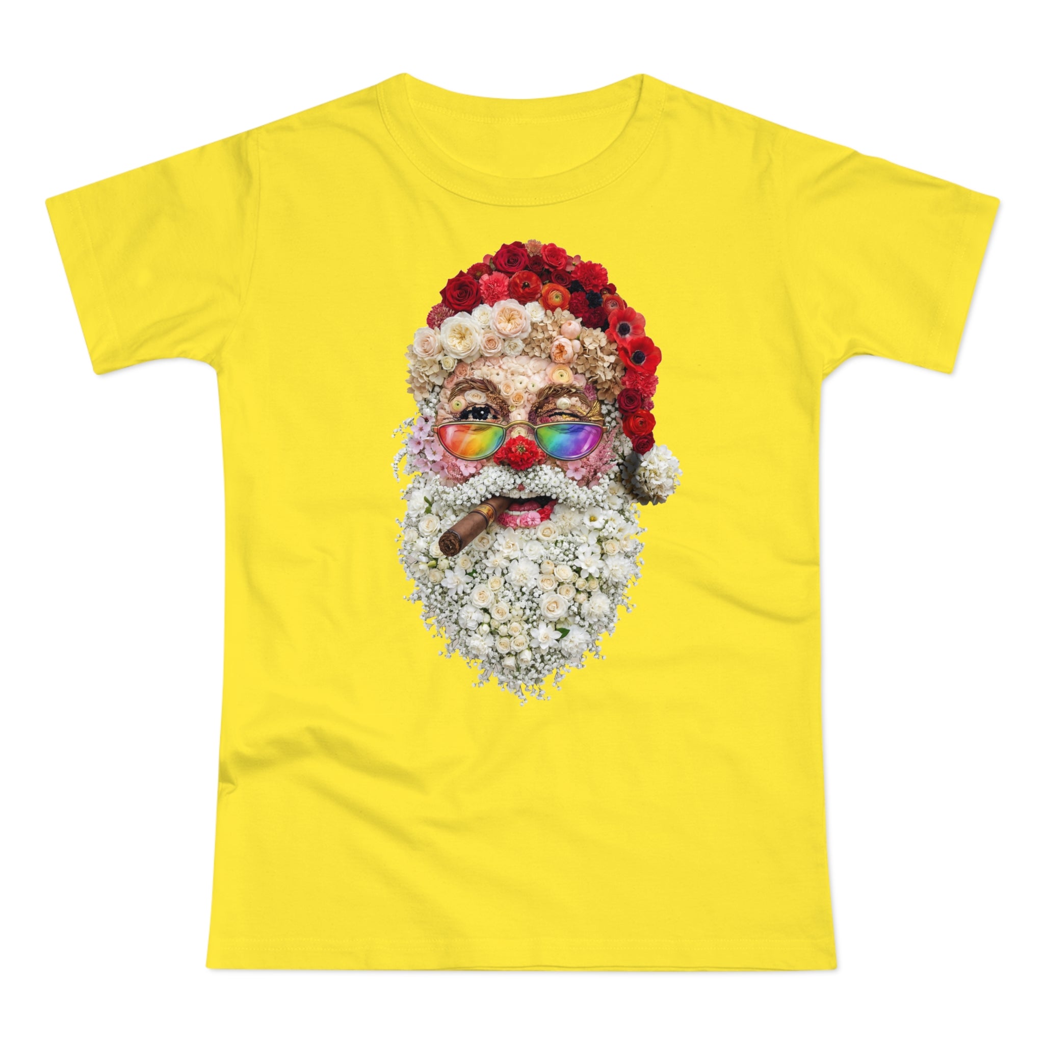 Blumen-Santa: Frontprint, Womens' T-Shirt, Rainbow Glasses & Cigar Holiday T-Shirt
