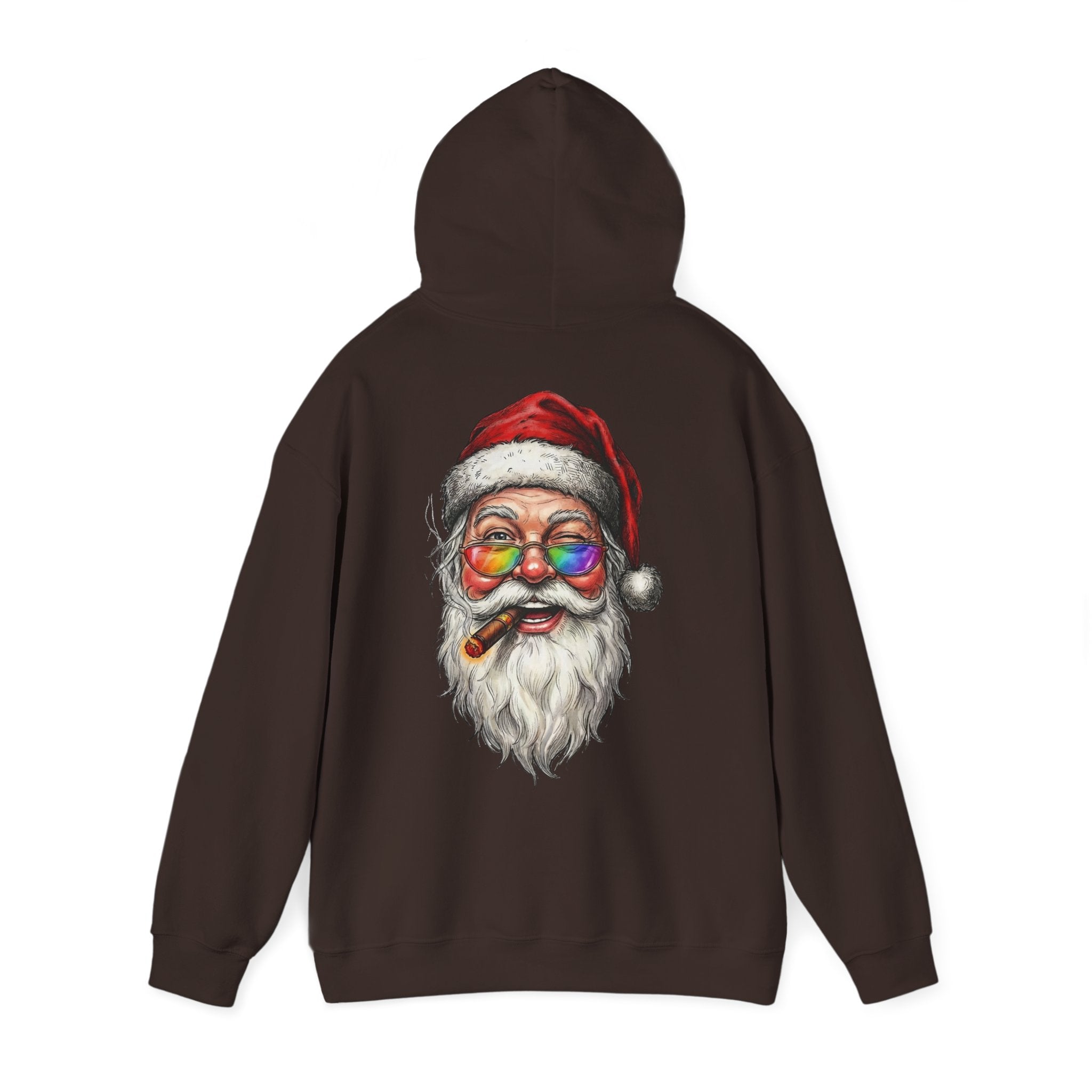 Friendly-Santa: Backprint, Unisex Hoodie, Rainbow Glasses Hoodie – Colorful Retro Christmas Sweatshirt