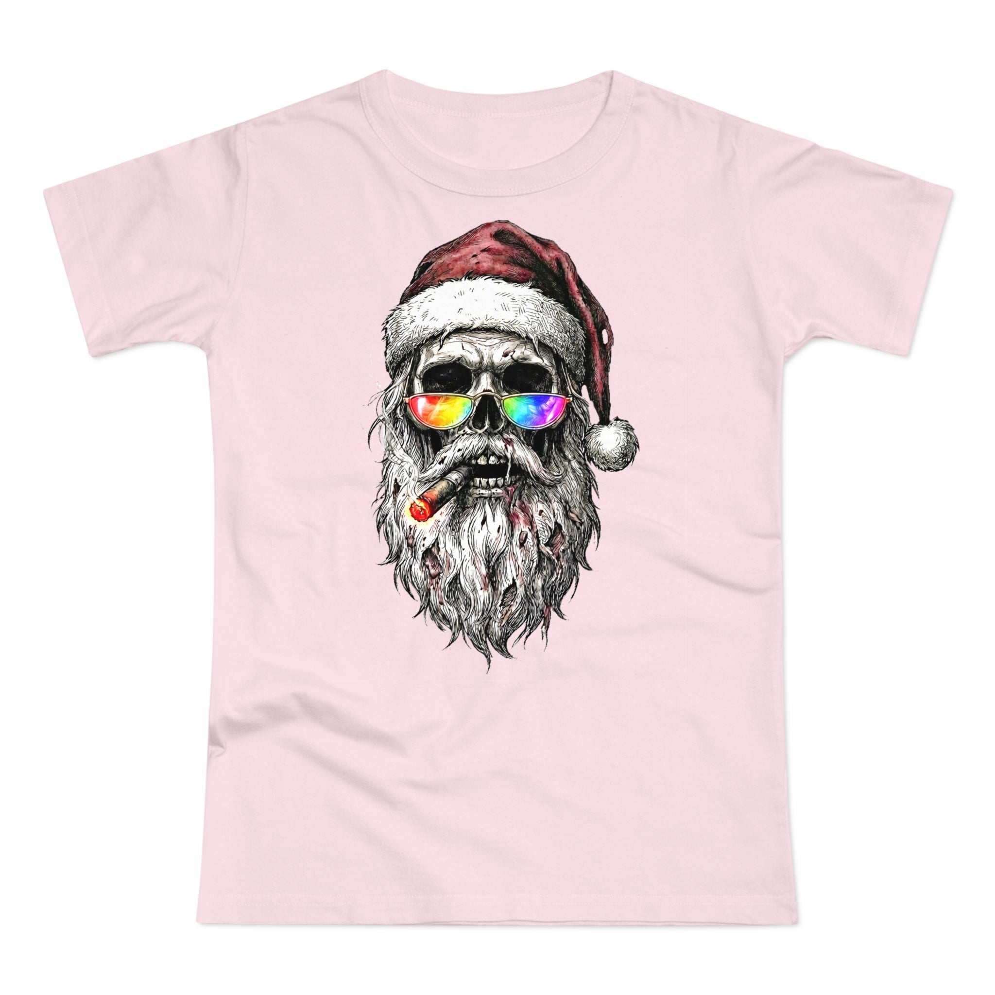 Dark-Santa: Frontprint, Womens' T-Shirt, Skull Retro Sunglasses & Cigar Holiday Tee