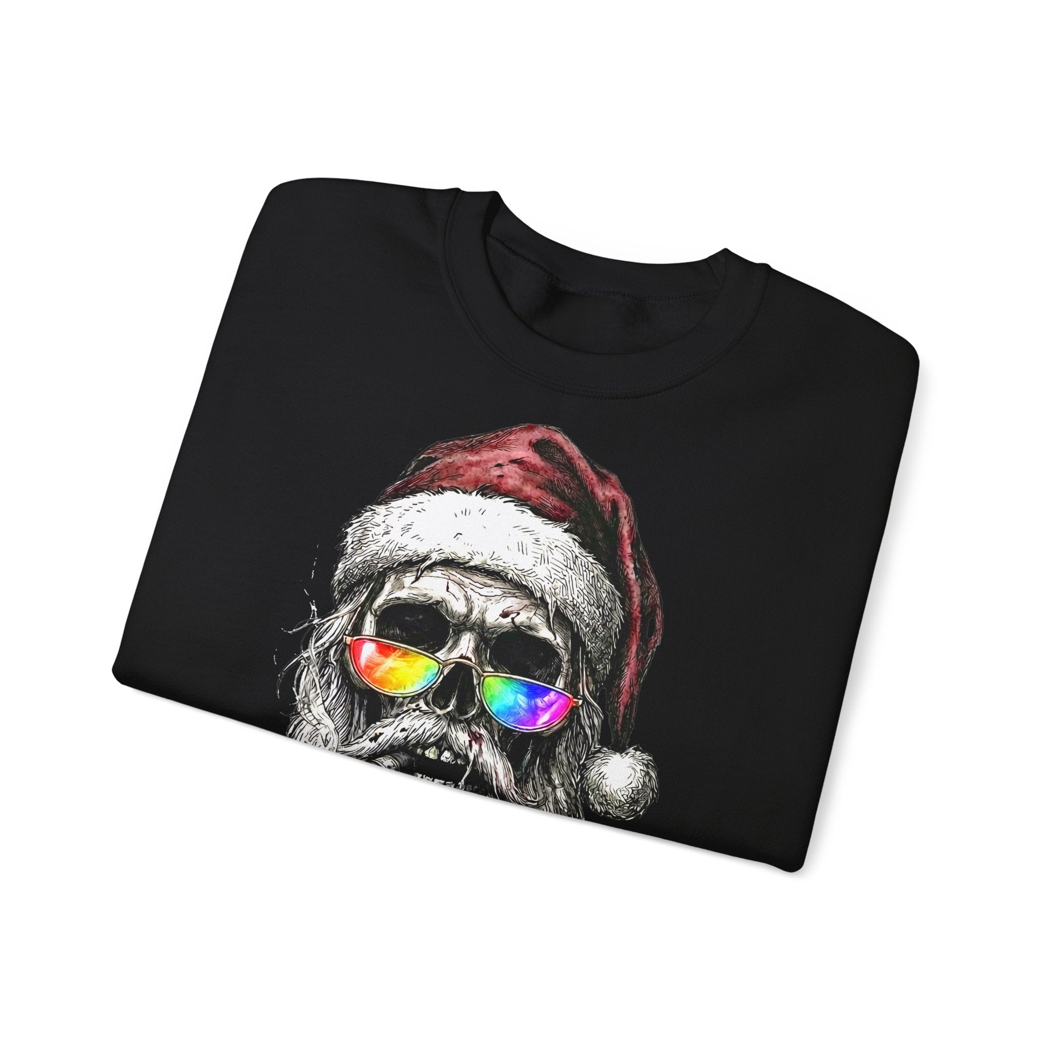 Dark-Santa: Frontprint, Unisex Sweatshirt, Skull Skull with Rainbow Sunglasses Crewneck