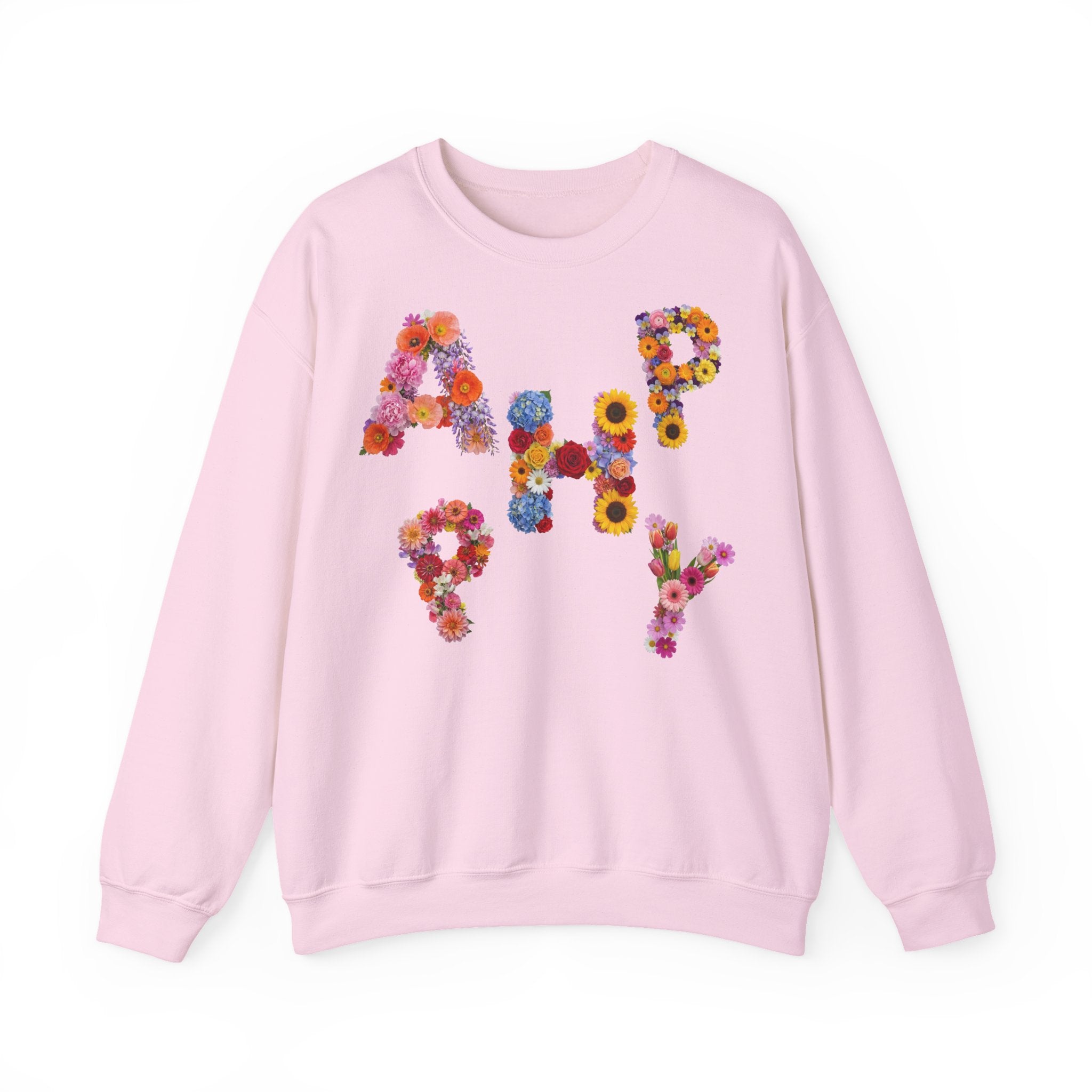 HAPPY, Frontprint, Unisex Sweatshirt. Floral Letter Print (Spring Floral Crew)