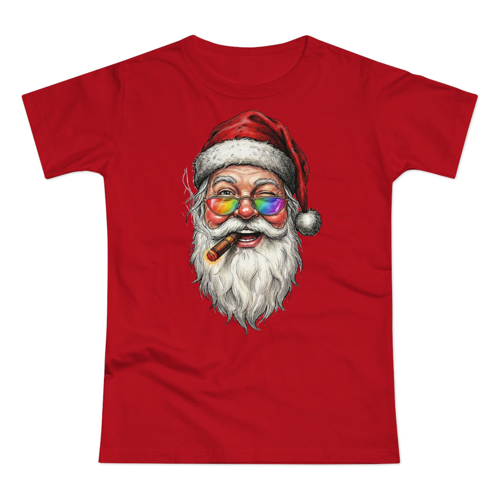 Friendly-Santa: Frontprint, Womens' T-Shirt, Colorful Glasses & Cigar Christmas Tee