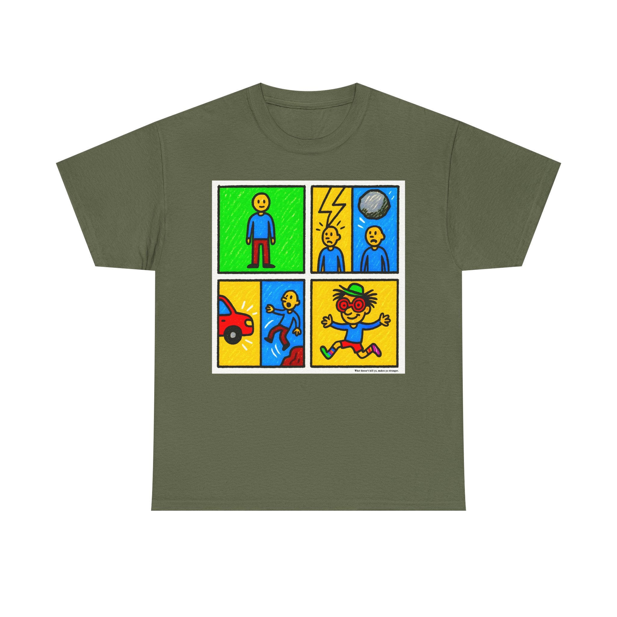 Proverb - What doesn't kill you makes you stranger, Colorful Comic Life Unisex Tee, Graphic T-Shirt for Kids and Adults, Fun Gift, Casual Wear, Playful Fashion