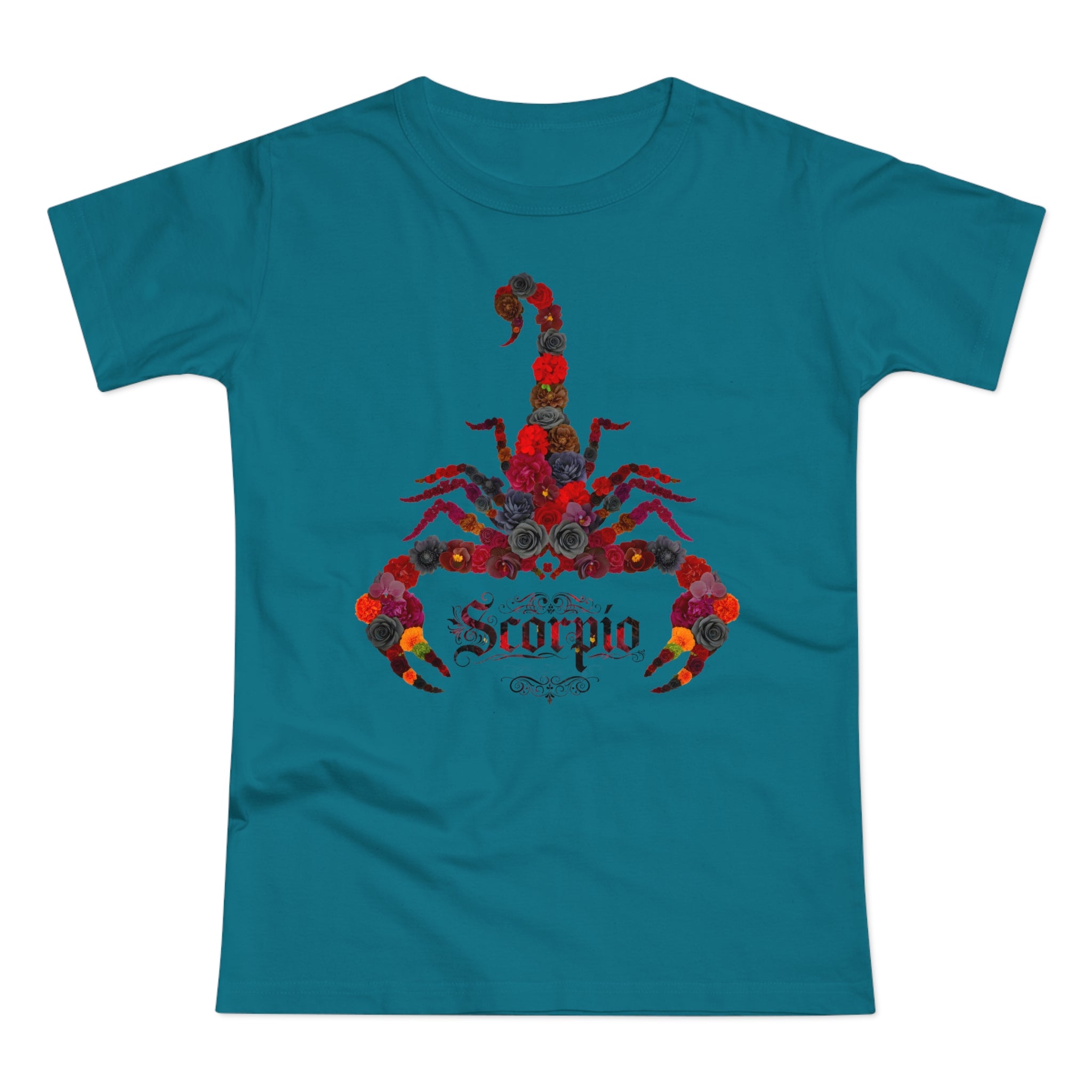 Skorpion: Frontprint, Womens' T-Shirt, florales Sternzeichen, Zodiac Astrologie (Scorpio)