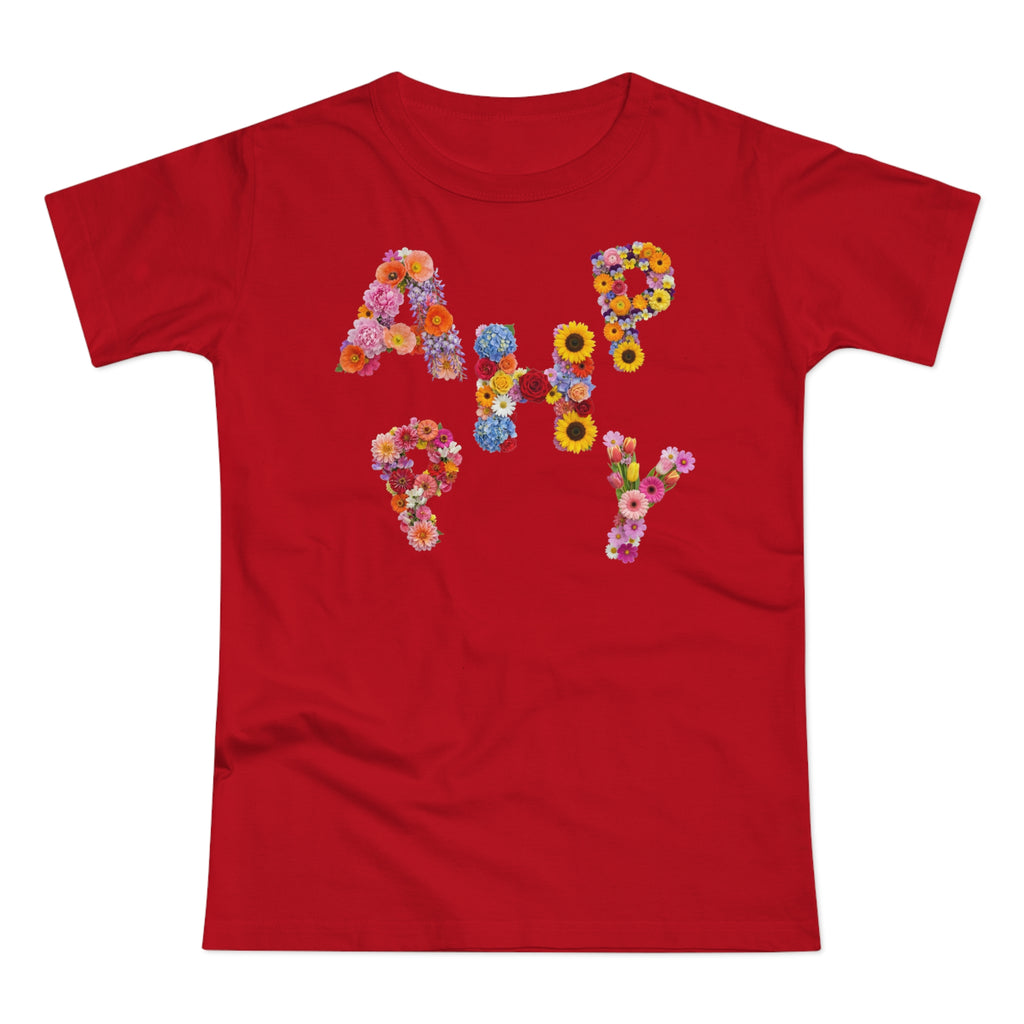 HAPPY, Frontprint, Womens' T-Shirt,  Floral Colorful Flower Lettering Tee