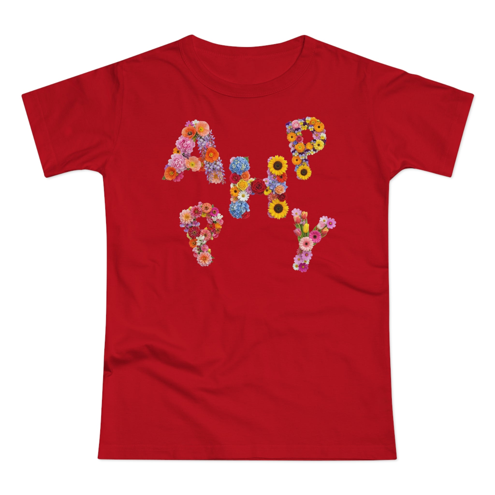 HAPPY, Frontprint, Womens' T-Shirt,  Floral Colorful Flower Lettering Tee