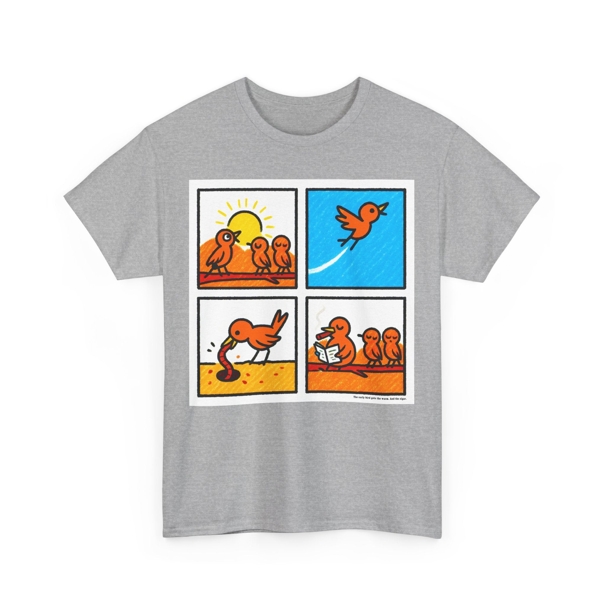 Proverb - Early bird GETS IT ALL, plus Cigar, Sunshine Birds Unisex Heavy Cotton Tee, Graphic Tee, Casual Wear, Gift for Bird Lovers, Funny T-Shirt, Nature Inspired Clothing