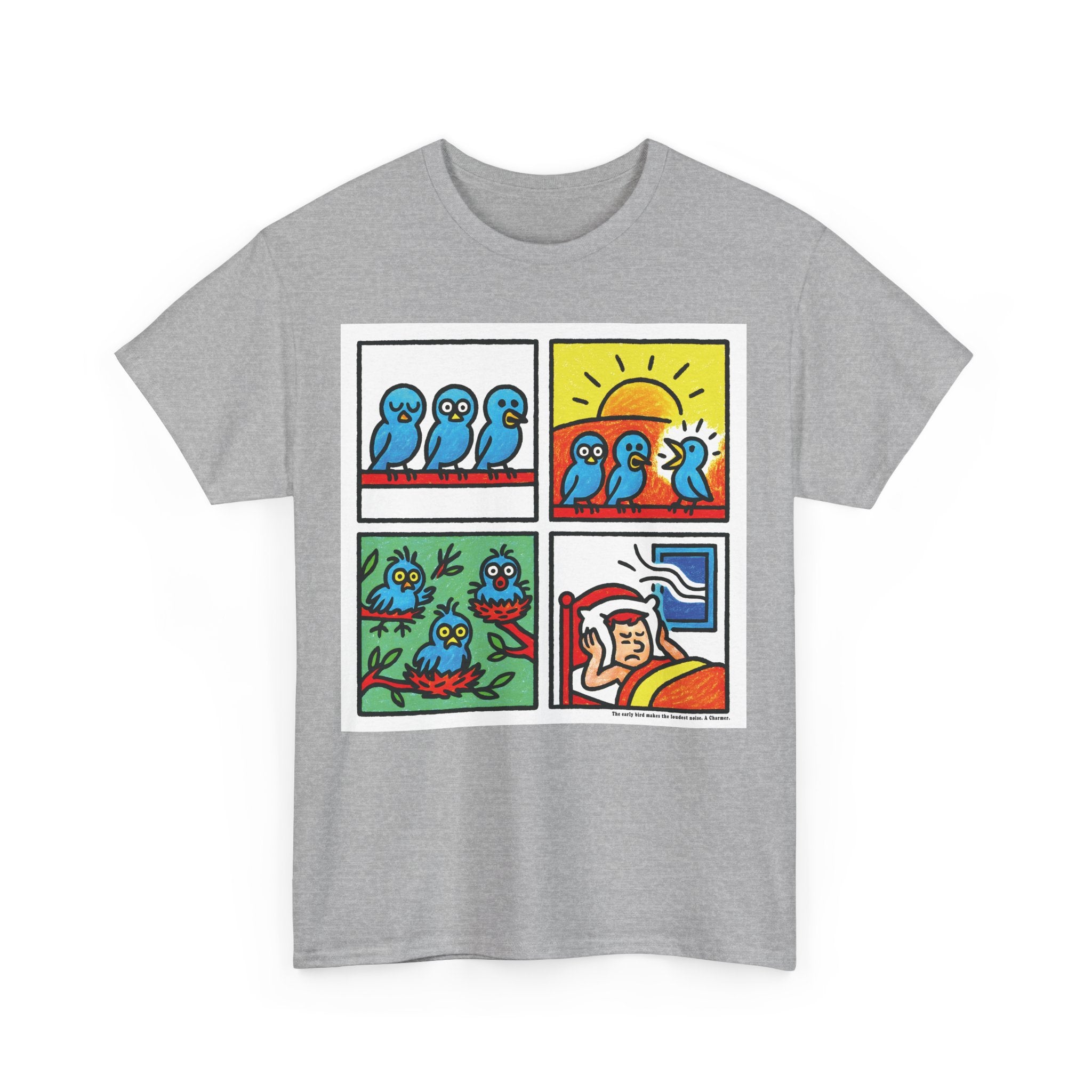 Proverb - Early bird makes loudest noise, Colorful Quirky Bird Tee - Fun Graphic Shirt for Nature Lovers, Perfect Gift for Birdwatchers, Casual Wear, Birthday, Summer