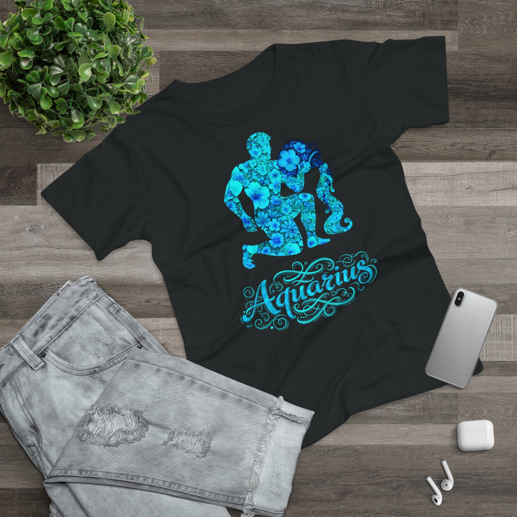 Wassermann: Frontprint, Womens' T-Shirt, florales Sternzeichen, Zodiac Astrologie (Aquarius)