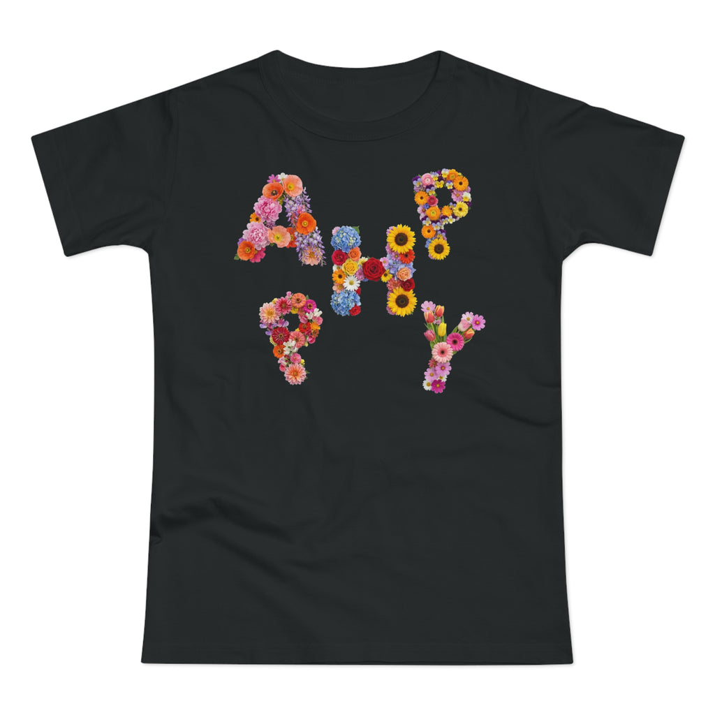 HAPPY, Frontprint, Womens' T-Shirt,  Floral Colorful Flower Lettering Tee