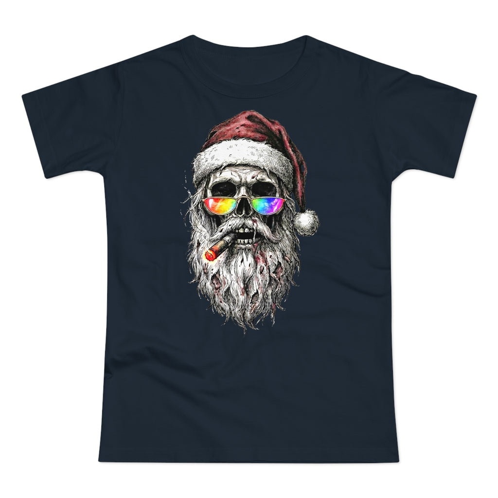 Dark-Santa: Frontprint, Womens' T-Shirt, Skull Retro Sunglasses & Cigar Holiday Tee