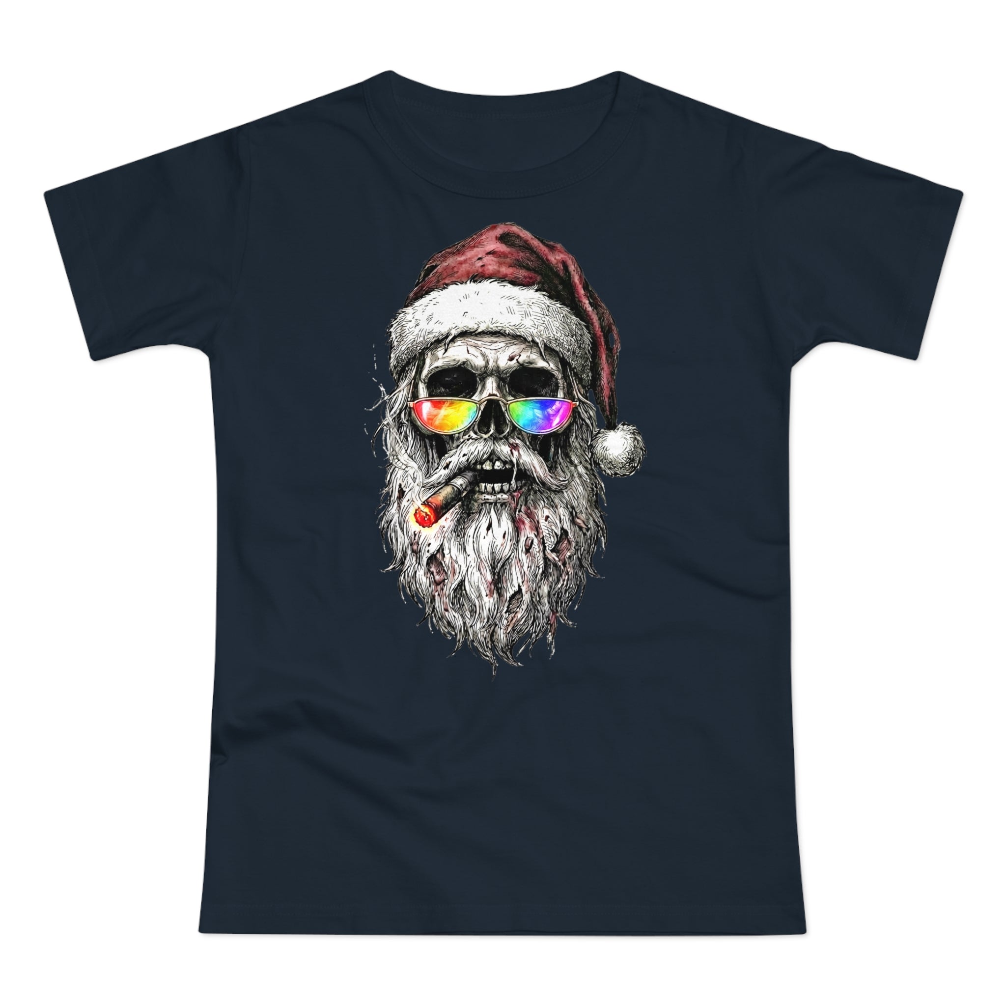 Dark-Santa: Frontprint, Womens' T-Shirt, Skull Retro Sunglasses & Cigar Holiday Tee