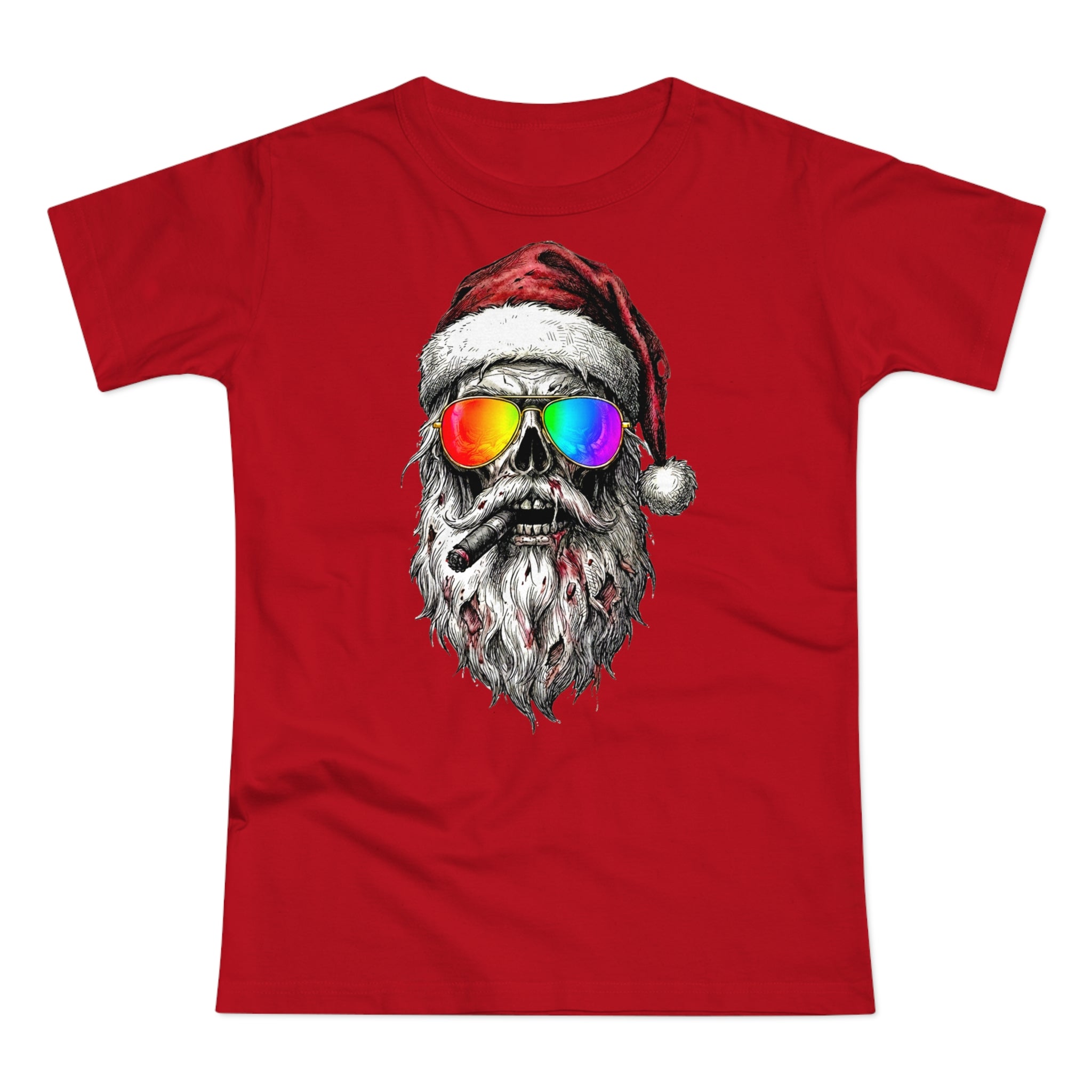 Pilot-Santa: Frontprint, Womens' T-Shirt, Skull T-Shirt — Cool Christmas Skull Tee with Rainbow Sunglasses