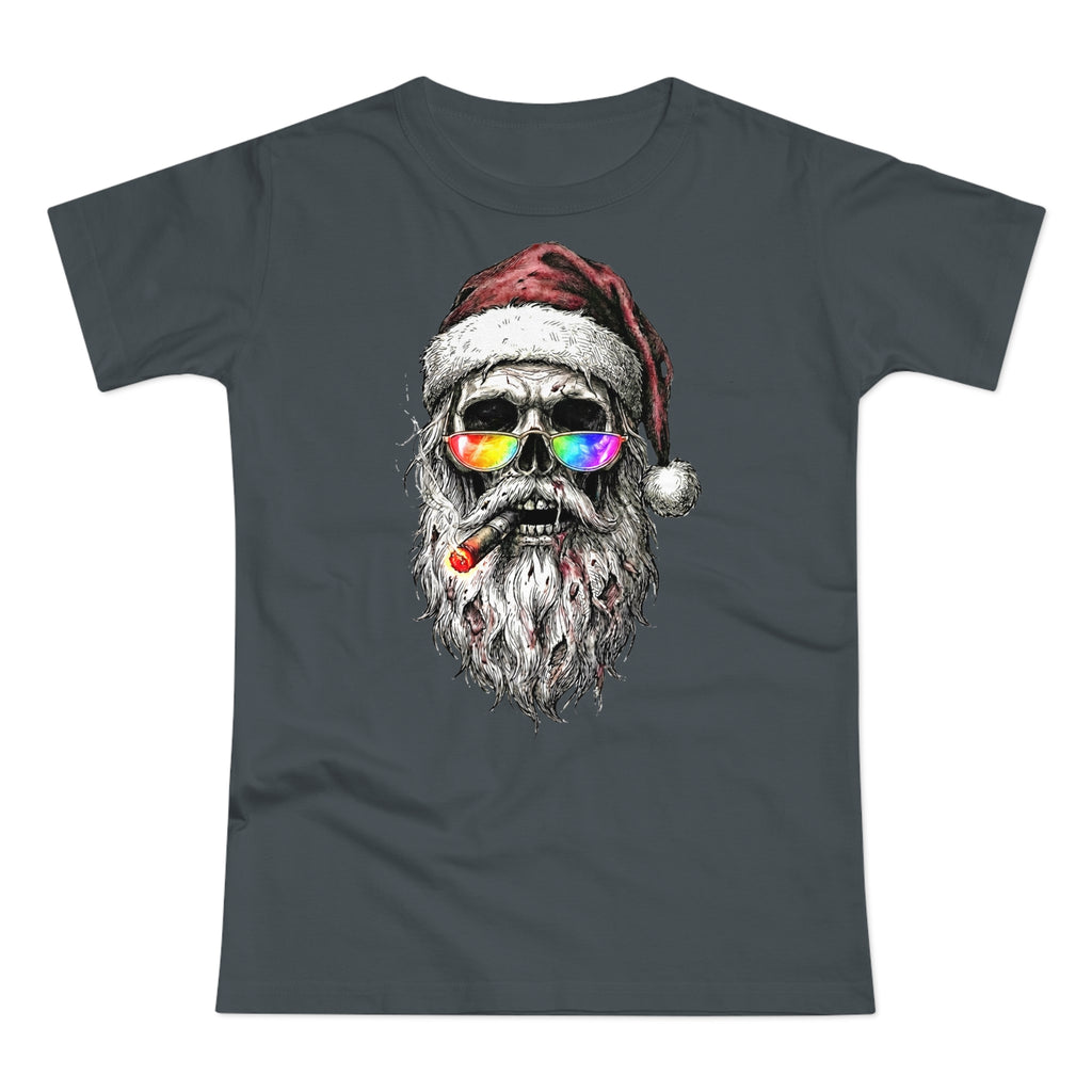 Dark-Santa: Frontprint, Womens' T-Shirt, Skull Retro Sunglasses & Cigar Holiday Tee