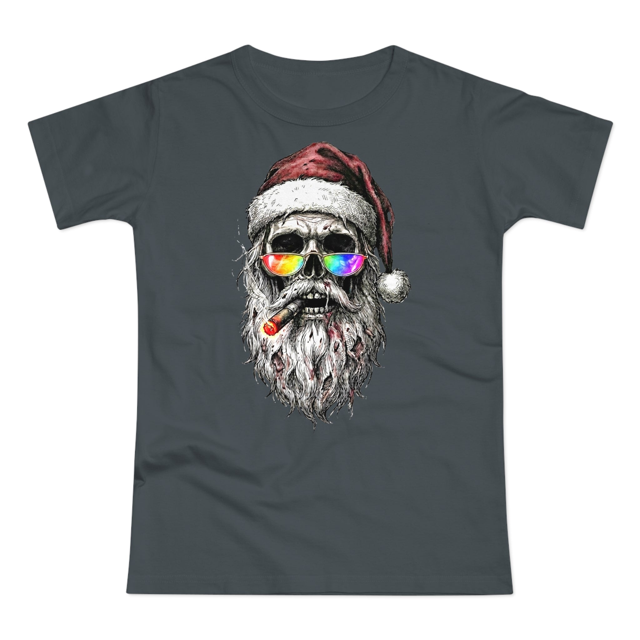 Dark-Santa: Frontprint, Womens' T-Shirt, Skull Retro Sunglasses & Cigar Holiday Tee