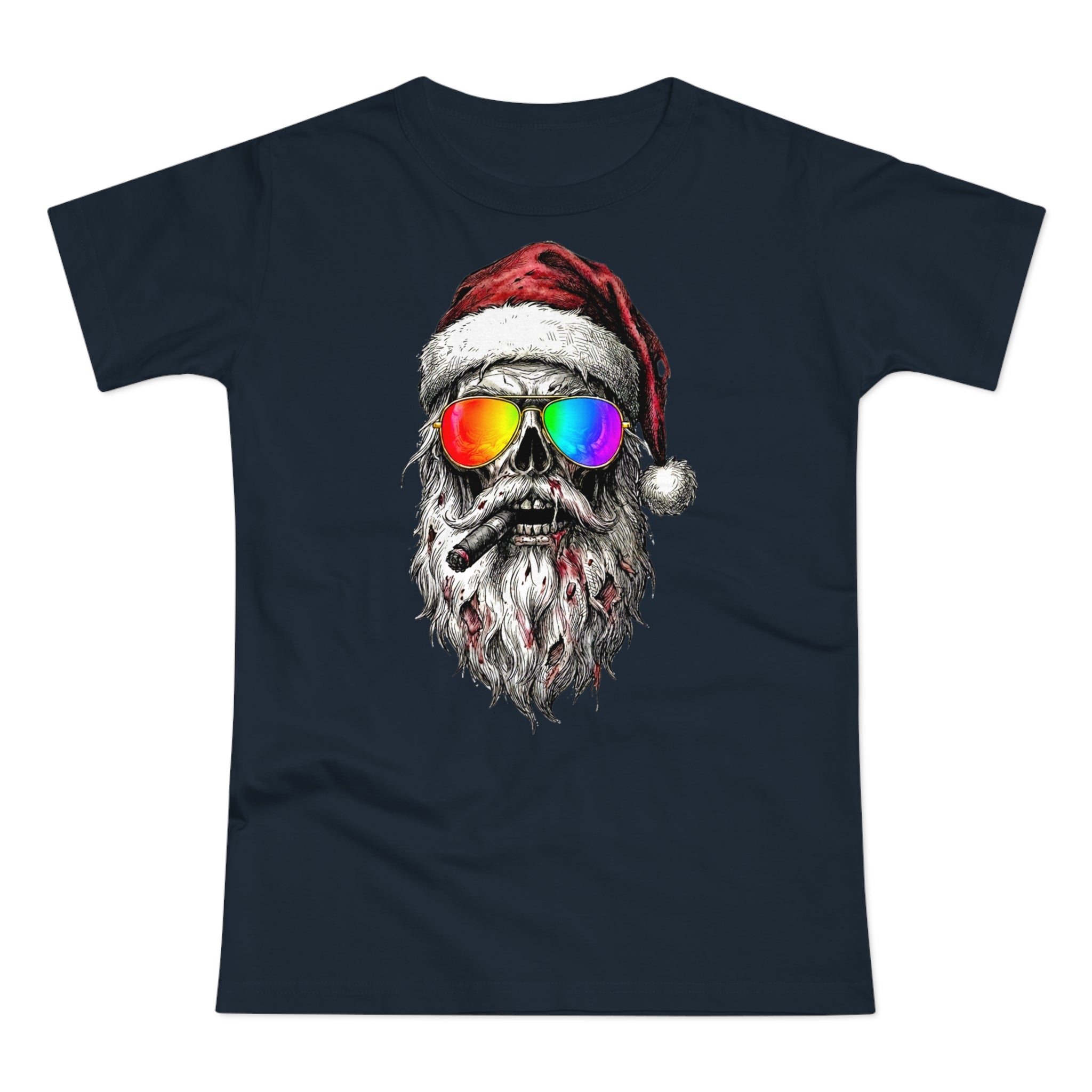 Pilot-Santa: Frontprint, Womens' T-Shirt, Skull T-Shirt — Cool Christmas Skull Tee with Rainbow Sunglasses