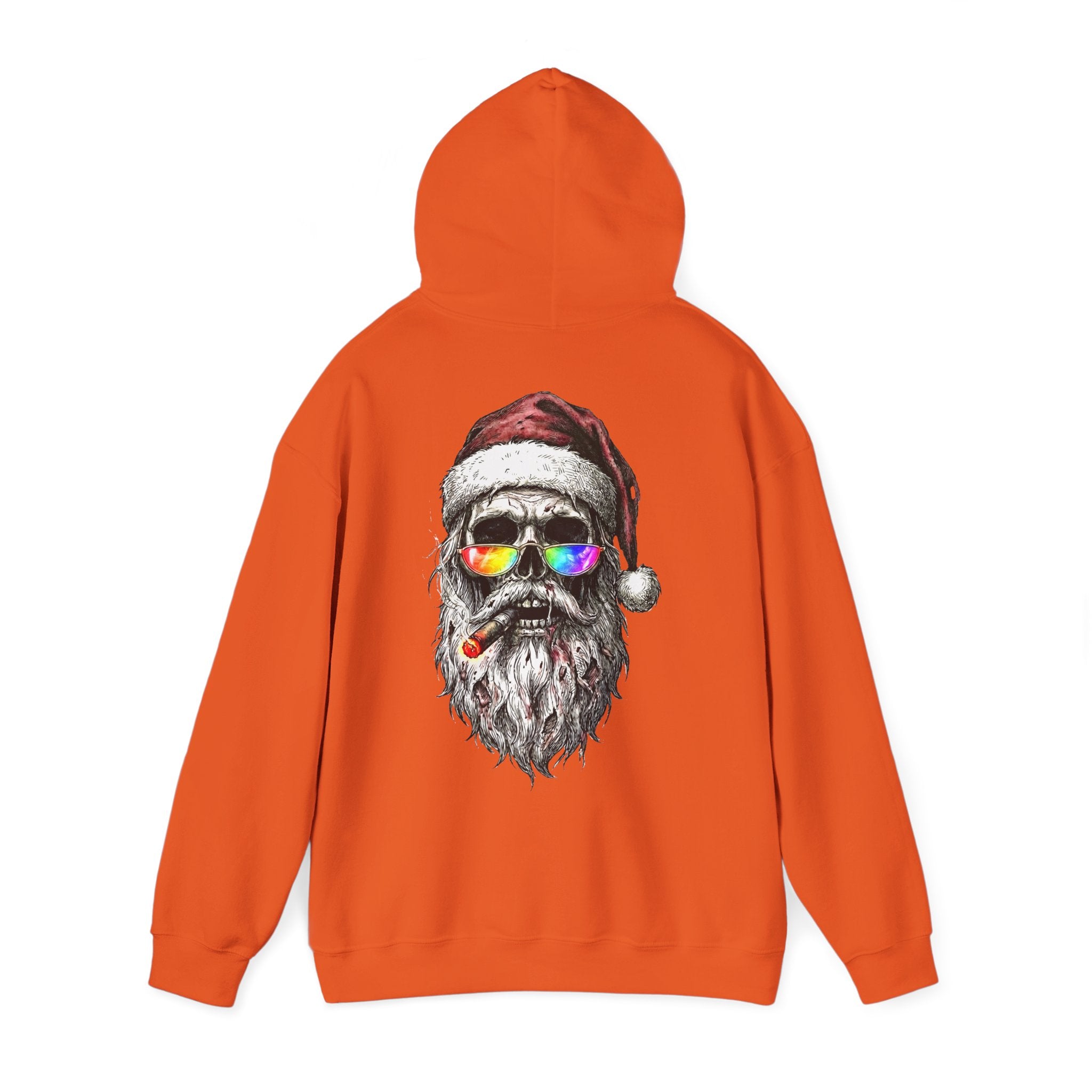 Dark-Santa: Backprint, Unisex Hoodie, Skull Cool Santa with Rainbow Sunglasses Christmas Sweatshirt