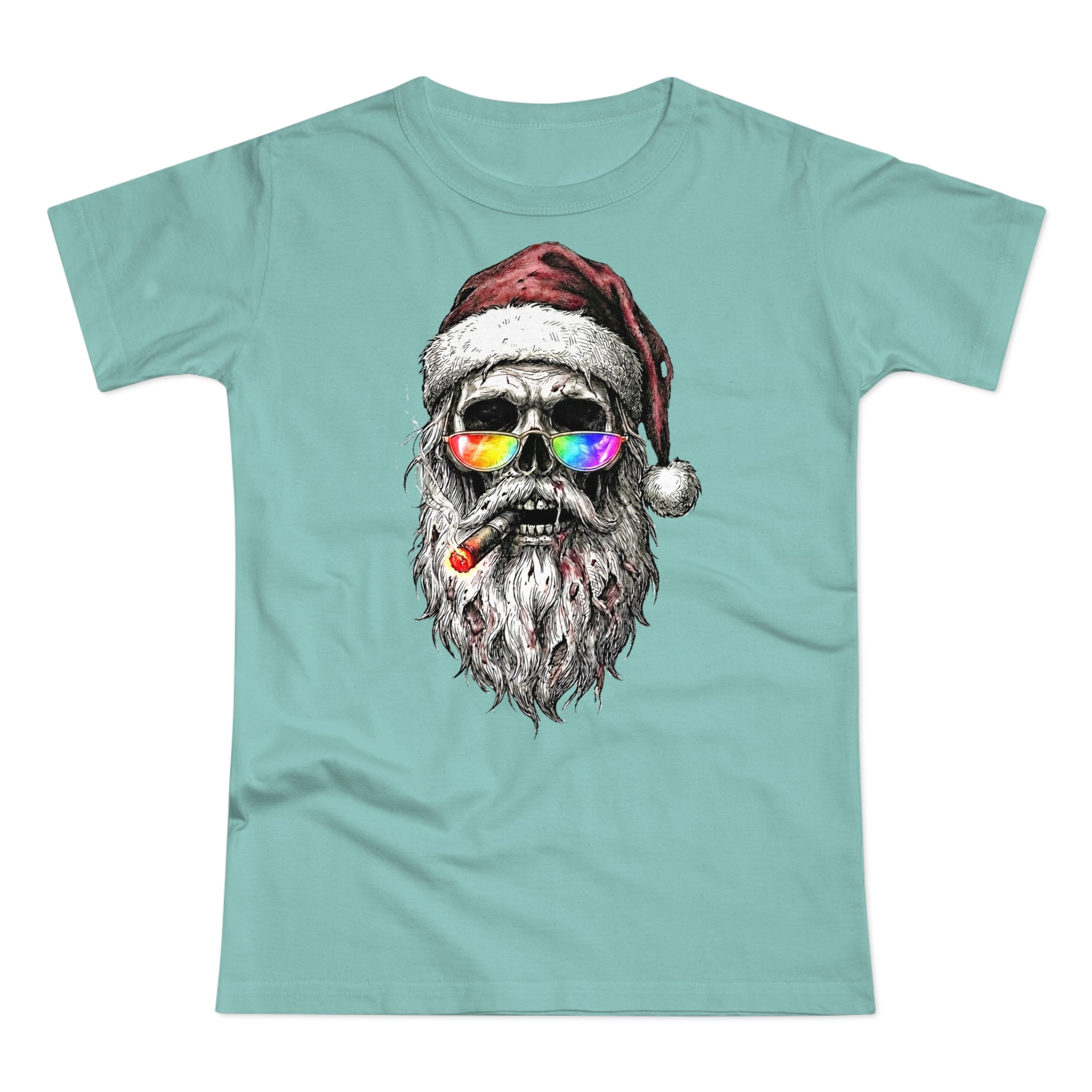 Dark-Santa: Frontprint, Womens' T-Shirt, Skull Retro Sunglasses & Cigar Holiday Tee