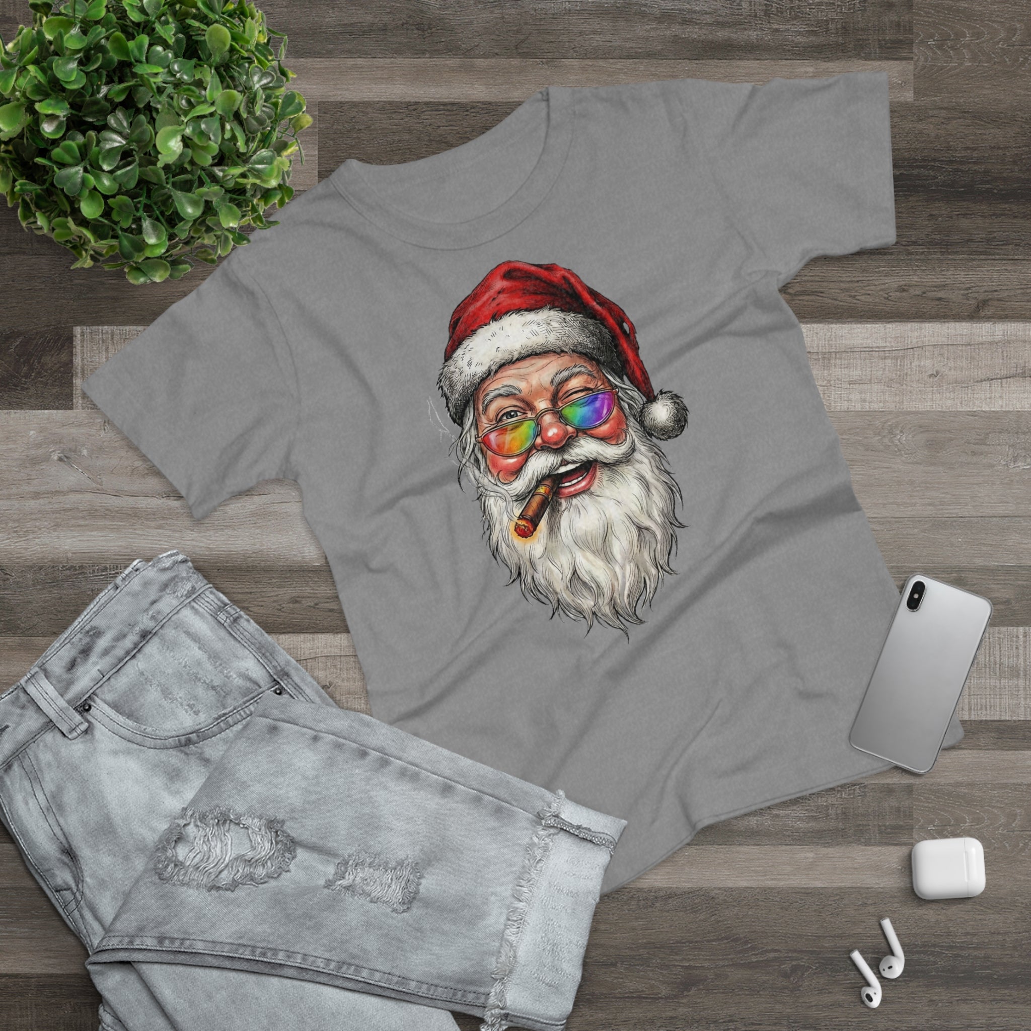 Friendly-Santa: Frontprint, Womens' T-Shirt, Colorful Glasses & Cigar Christmas Tee