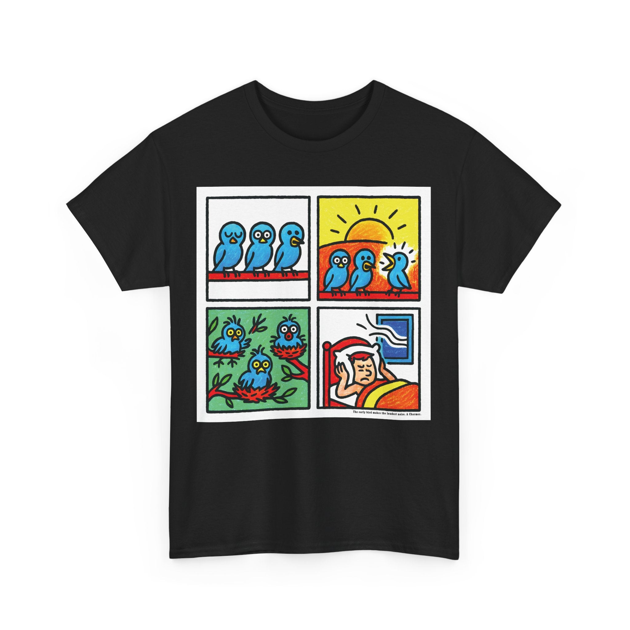 Proverb - Early bird makes loudest noise, Colorful Quirky Bird Tee - Fun Graphic Shirt for Nature Lovers, Perfect Gift for Birdwatchers, Casual Wear, Birthday, Summer