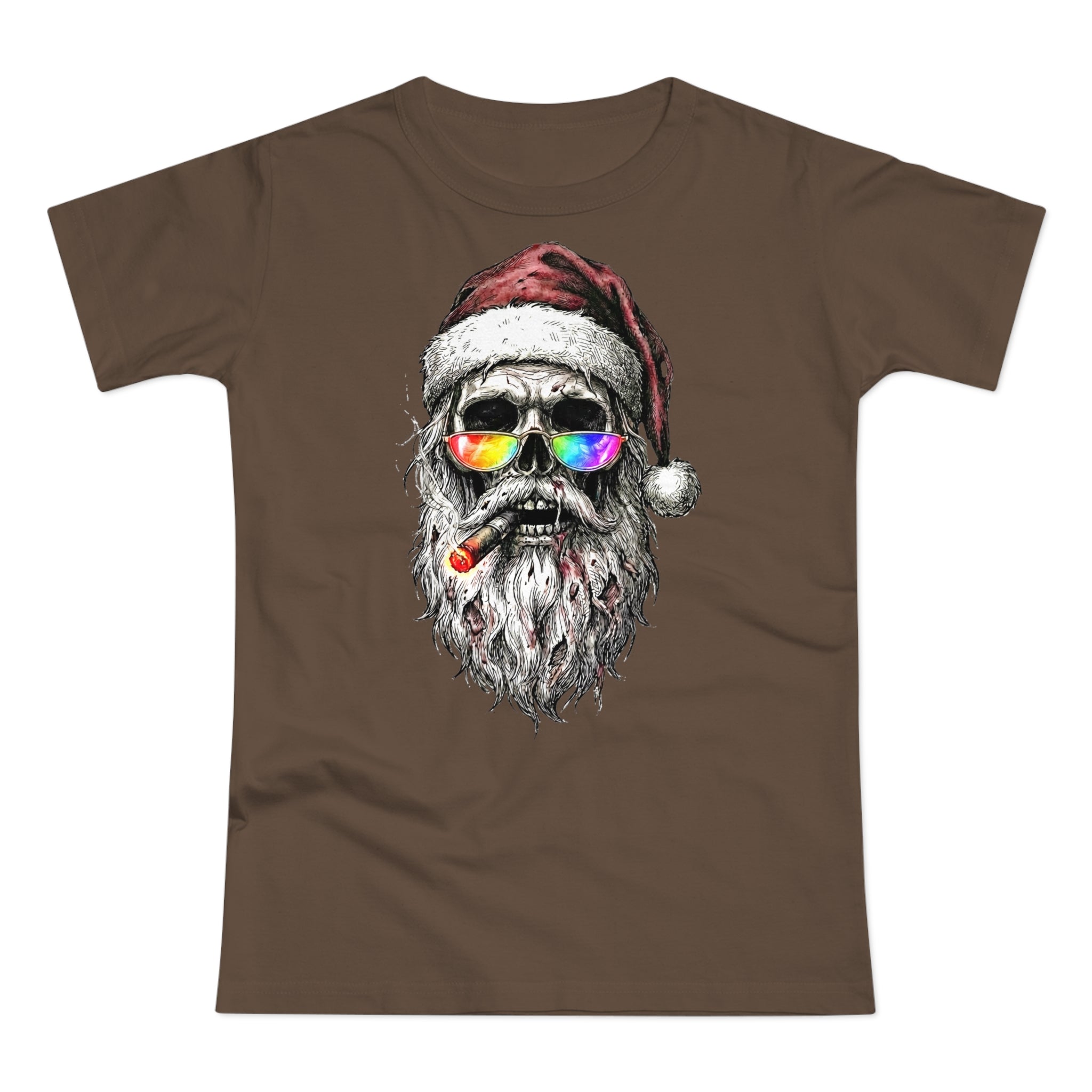 Dark-Santa: Frontprint, Womens' T-Shirt, Skull Retro Sunglasses & Cigar Holiday Tee