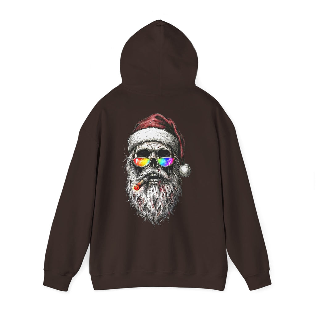 Dark-Santa: Backprint, Unisex Hoodie, Skull Cool Santa with Rainbow Sunglasses Christmas Sweatshirt