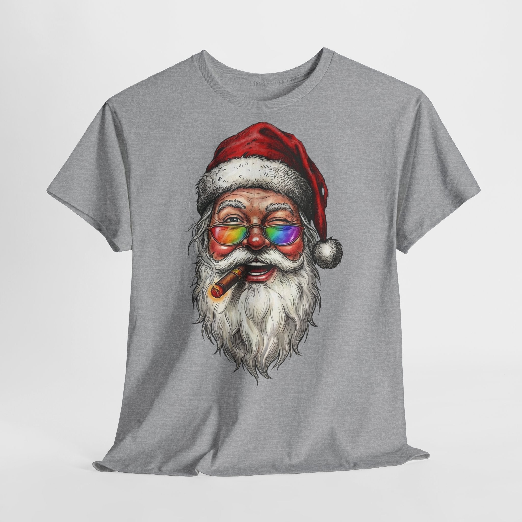 Friendly-Santa: Frontprint, Unisex T-Shirt, Colorful Retro Santa with Cigar Holiday Tee