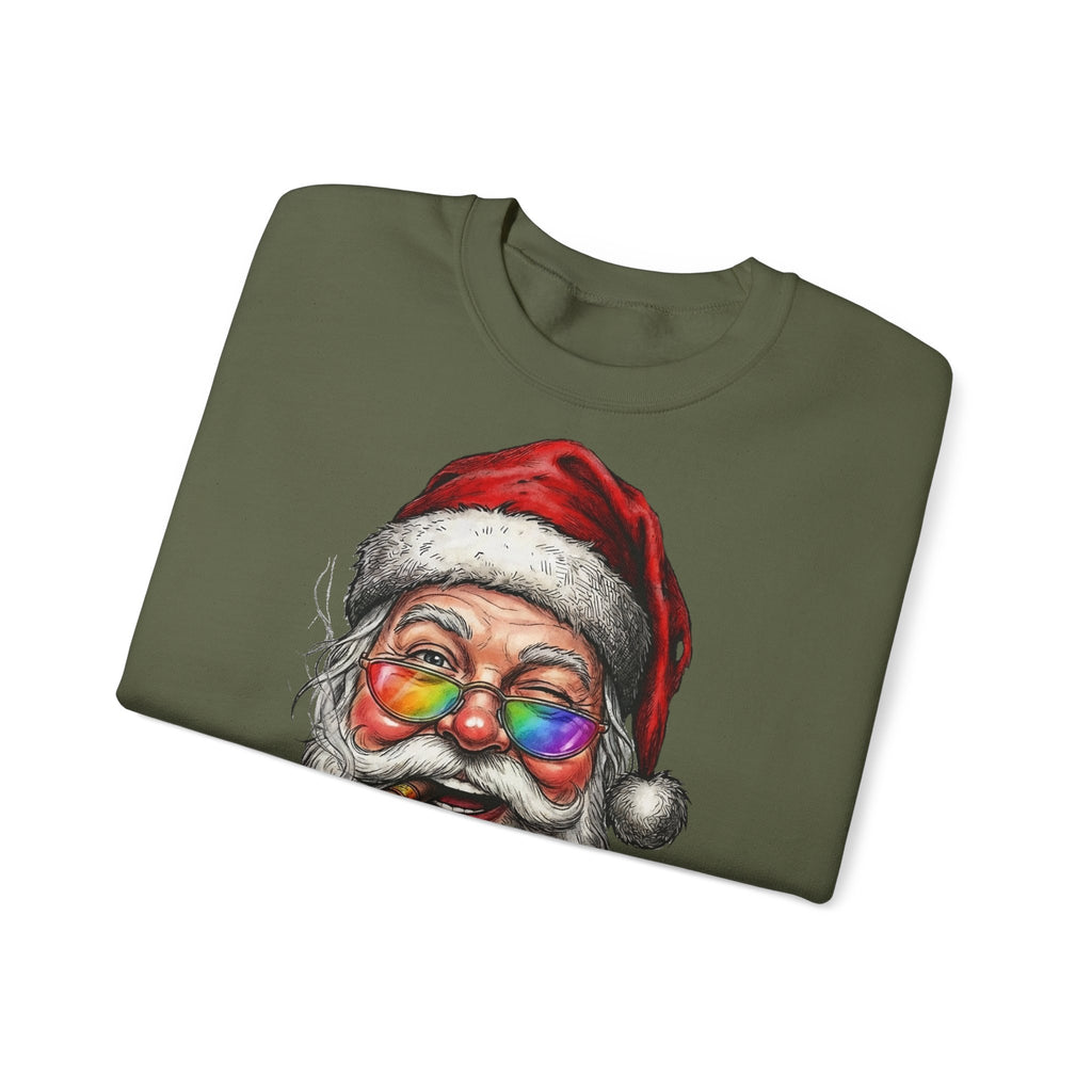 Friendly-Santa: Frontprint, Unisex Sweatshirt, Rainbow Glasses Crewneck Sweatshirt — Funny Christmas Holiday Sweater
