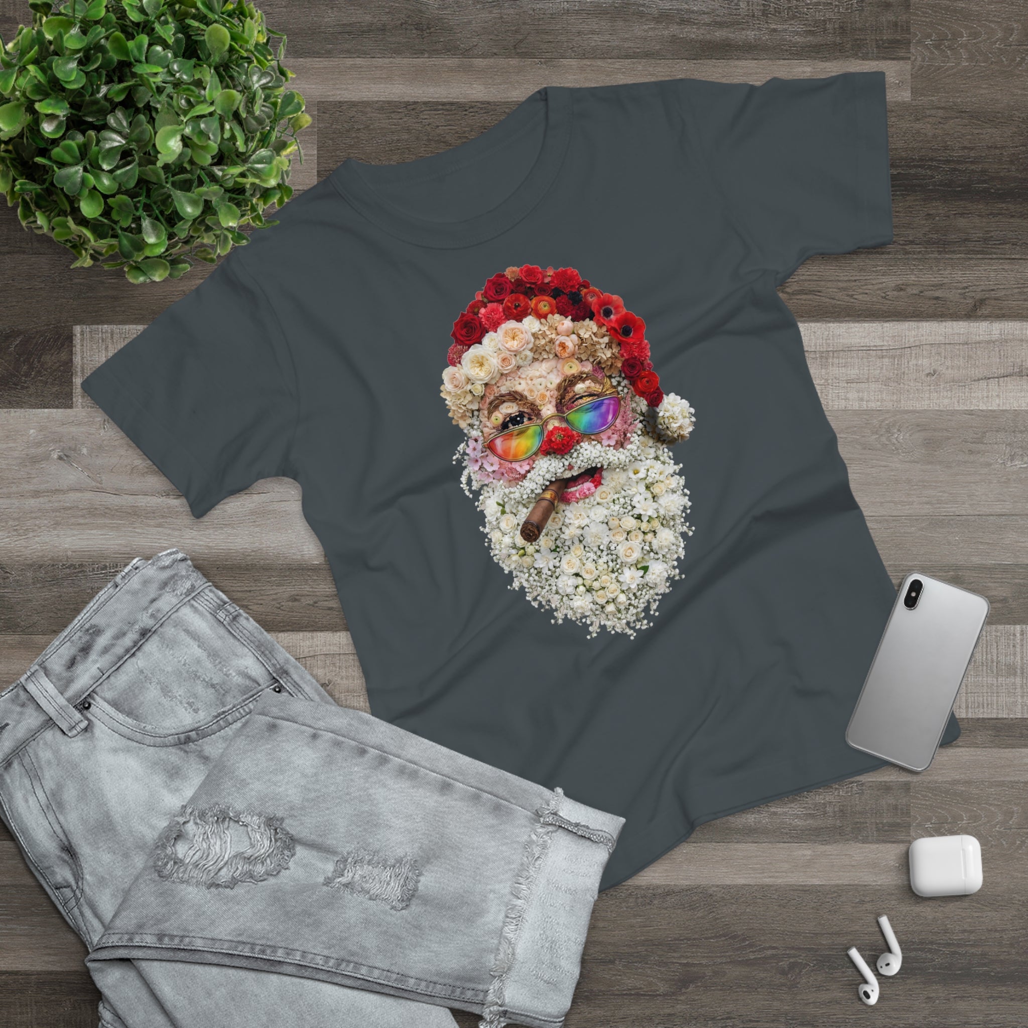 Blumen-Santa: Frontprint, Womens' T-Shirt, Rainbow Glasses & Cigar Holiday T-Shirt