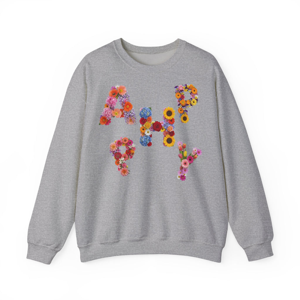 HAPPY, Frontprint, Unisex Sweatshirt. Floral Letter Print (Spring Floral Crew)