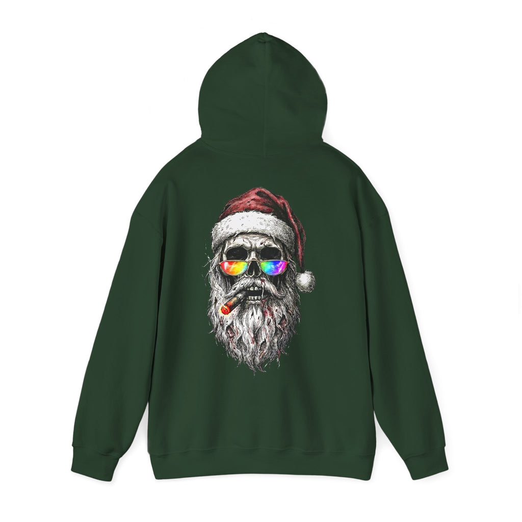 Dark-Santa: Backprint, Unisex Hoodie, Skull Cool Santa with Rainbow Sunglasses Christmas Sweatshirt