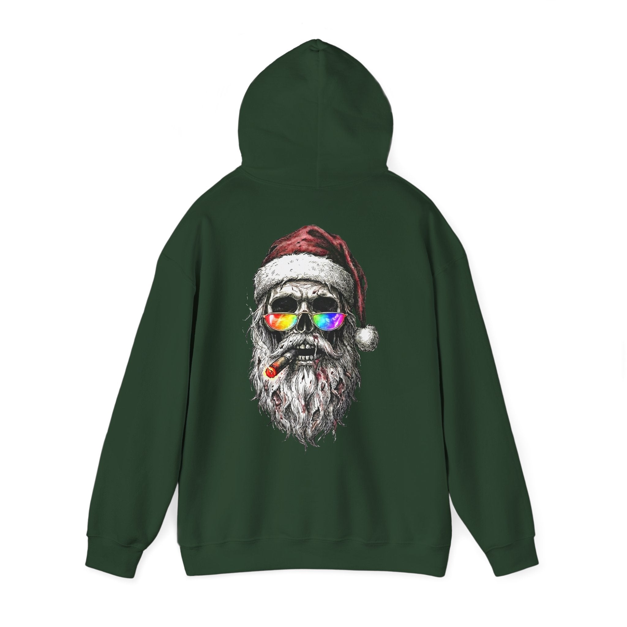 Dark-Santa: Backprint, Unisex Hoodie, Skull Cool Santa with Rainbow Sunglasses Christmas Sweatshirt