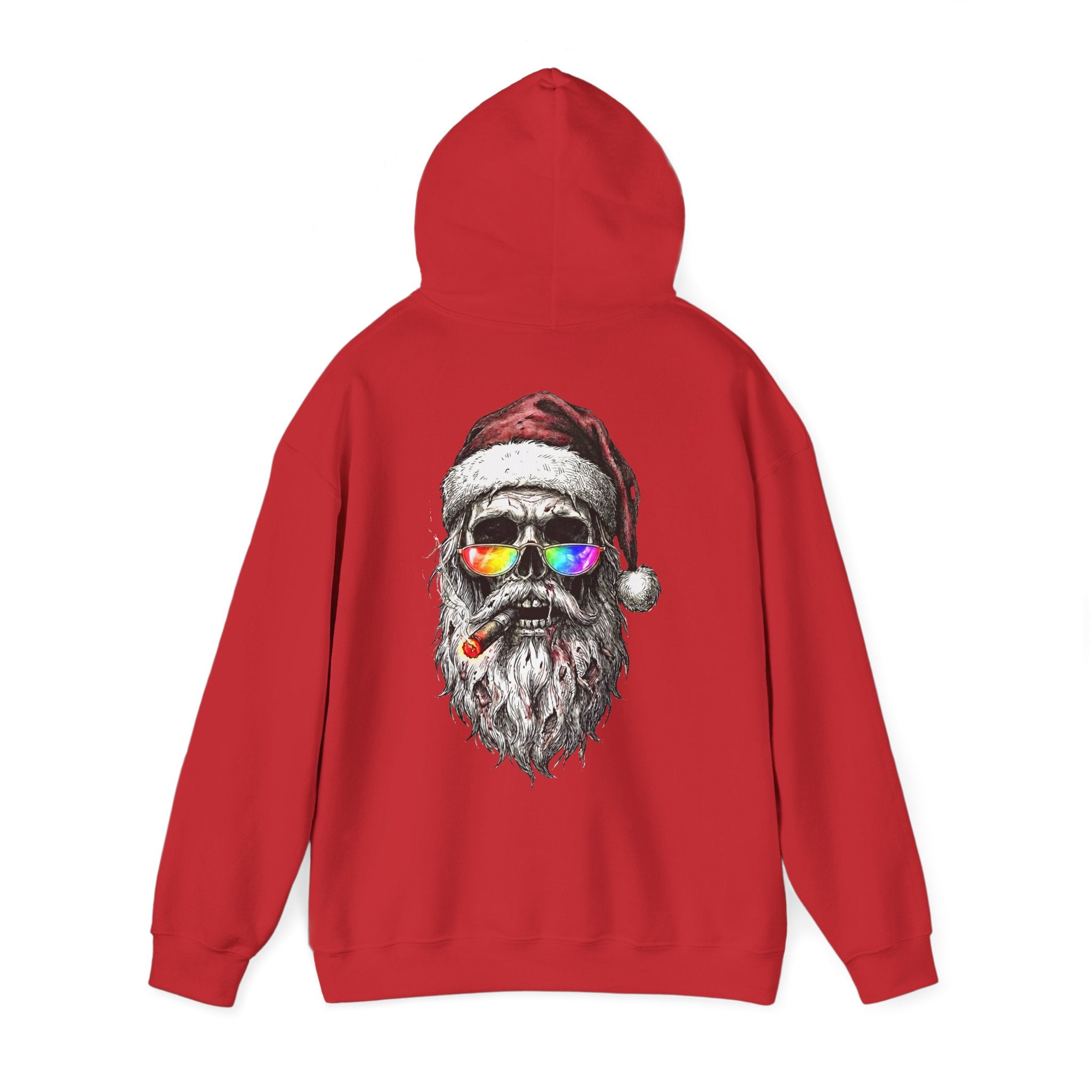 Dark-Santa: Backprint, Unisex Hoodie, Skull Cool Santa with Rainbow Sunglasses Christmas Sweatshirt