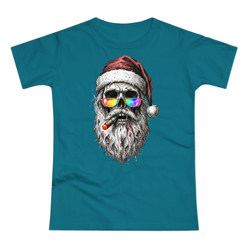 Dark-Santa: Frontprint, Womens' T-Shirt, Skull Retro Sunglasses & Cigar Holiday Tee