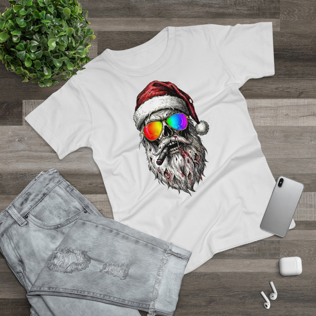 Pilot-Santa: Frontprint, Womens' T-Shirt, Skull T-Shirt — Cool Christmas Skull Tee with Rainbow Sunglasses