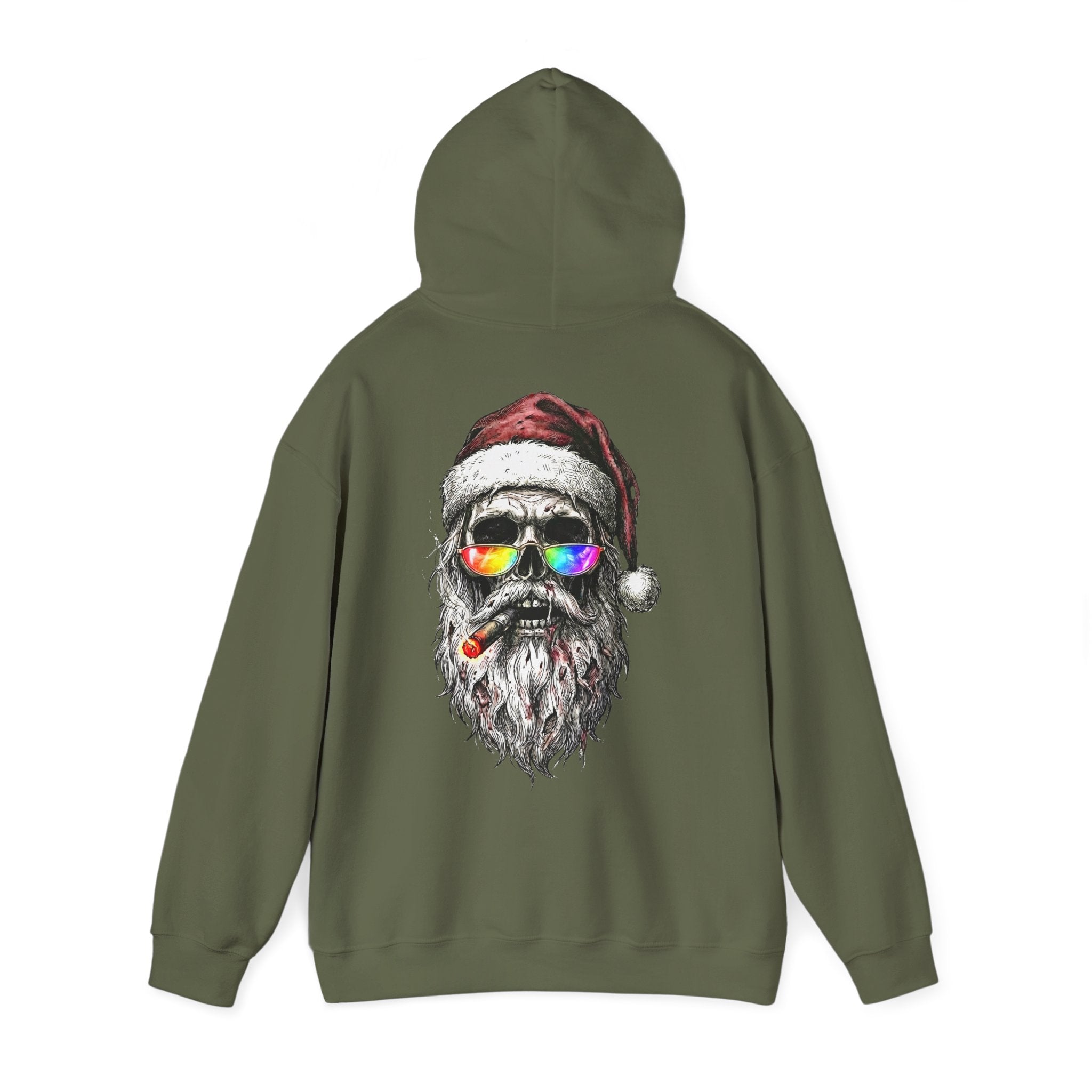 Dark-Santa: Backprint, Unisex Hoodie, Skull Cool Santa with Rainbow Sunglasses Christmas Sweatshirt