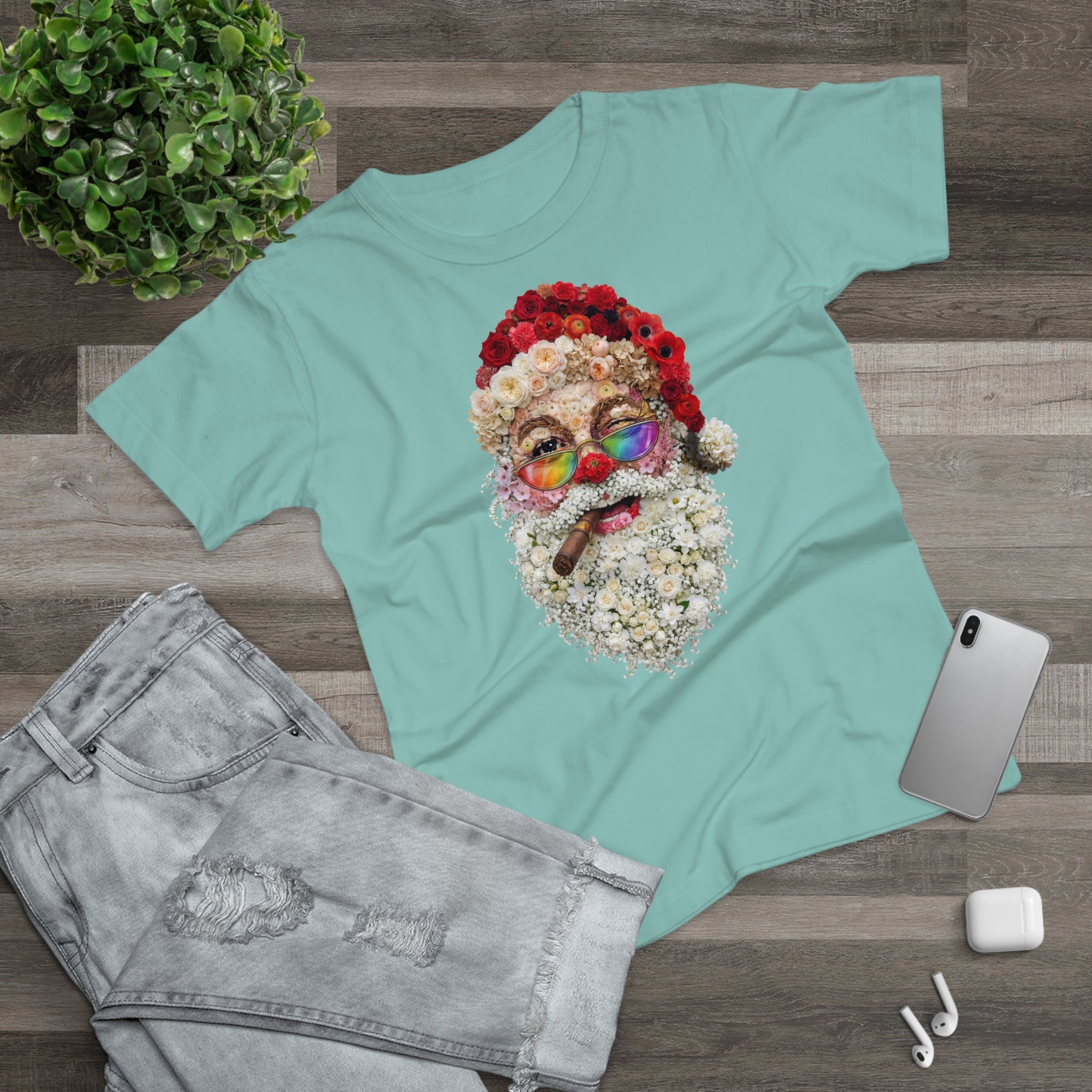 Blumen-Santa: Frontprint, Womens' T-Shirt, Rainbow Glasses & Cigar Holiday T-Shirt