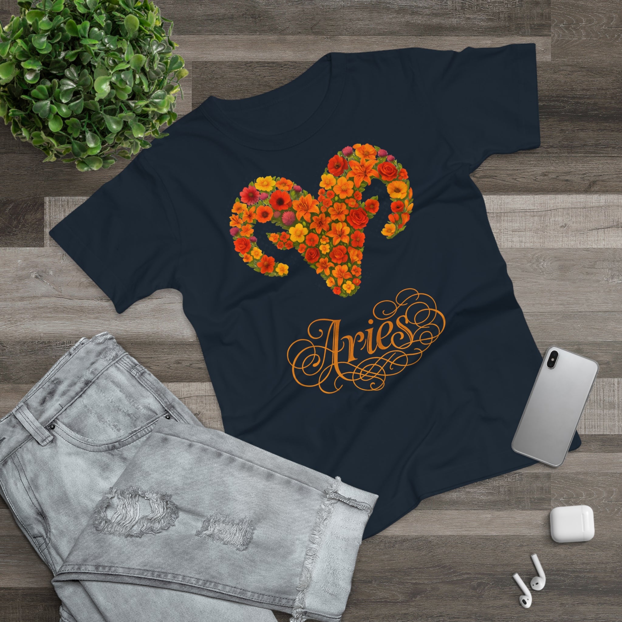 Widder: Frontprint, Womens' T-Shirt, florales Sternzeichen, Zodiac Astrologie (Aries)