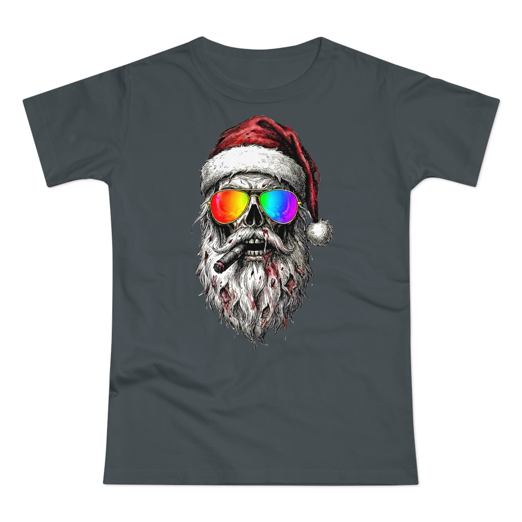 Pilot-Santa: Frontprint, Womens' T-Shirt, Skull T-Shirt — Cool Christmas Skull Tee with Rainbow Sunglasses