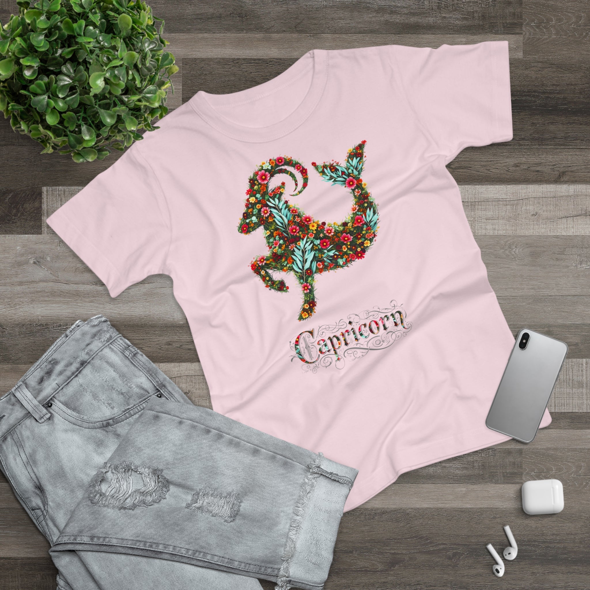 Steinbock: Frontprint, Womens' T-Shirt, florales Sternzeichen, Zodiac Astrologie (Capricorn)