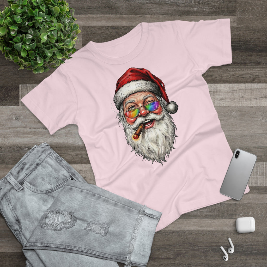 Friendly-Santa: Frontprint, Womens' T-Shirt, Colorful Glasses & Cigar Christmas Tee