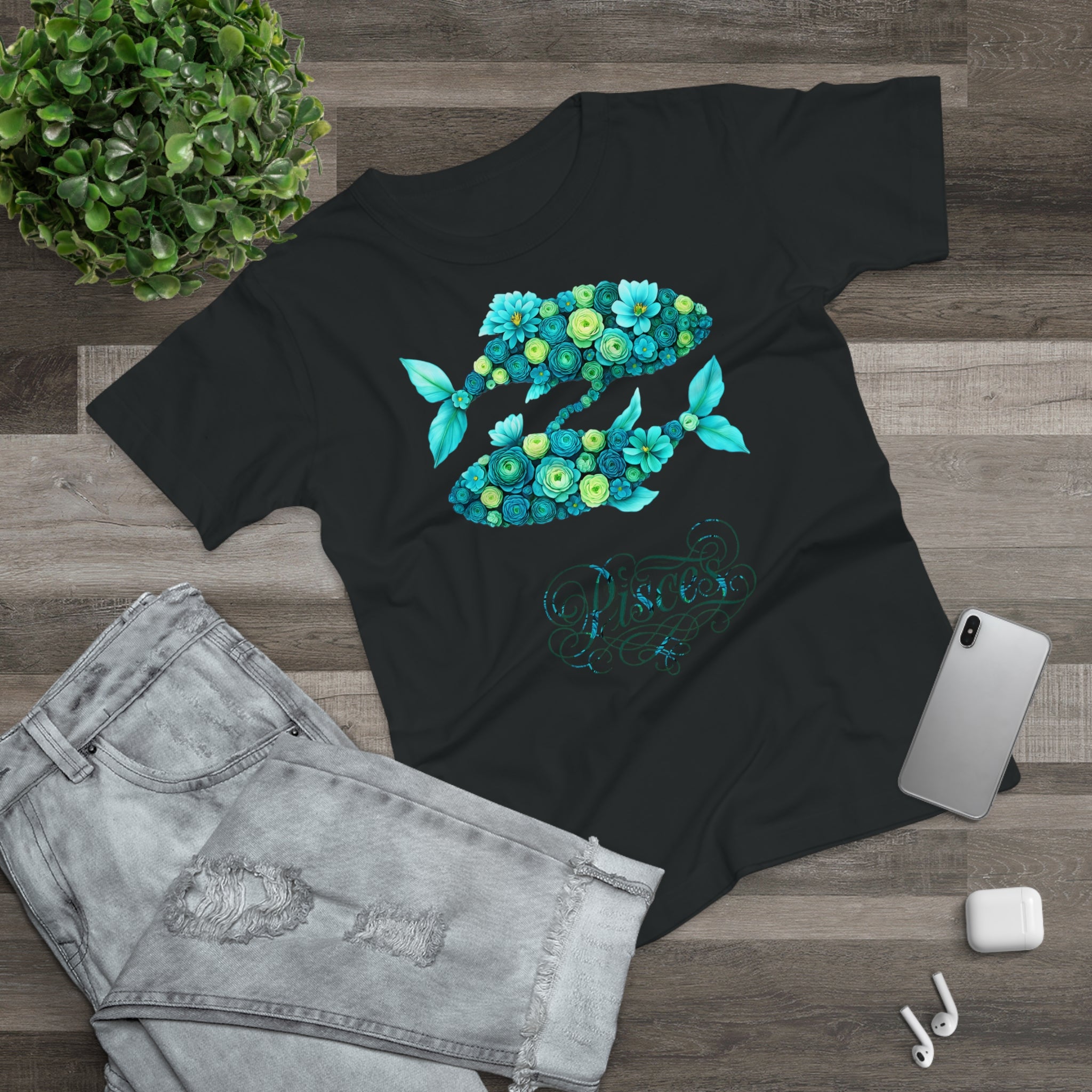 Fische: Frontprint, Womens' T-Shirt, florales Sternzeichen, Zodiac Astrologie (Pisces)