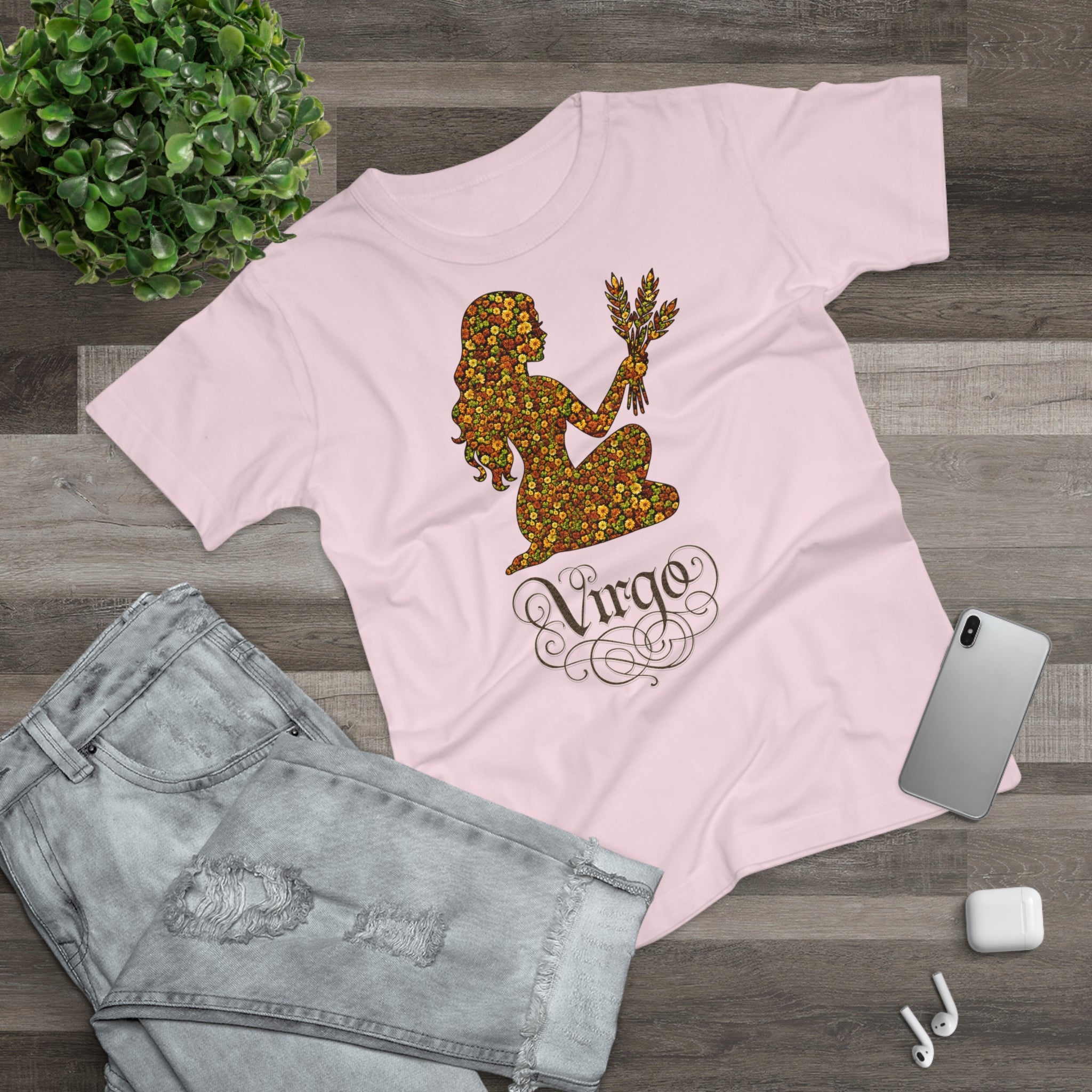Jungfrau: Frontprint, Womens' T-Shirt, florales Sternzeichen, Zodiac Astrologie (Virgo)
